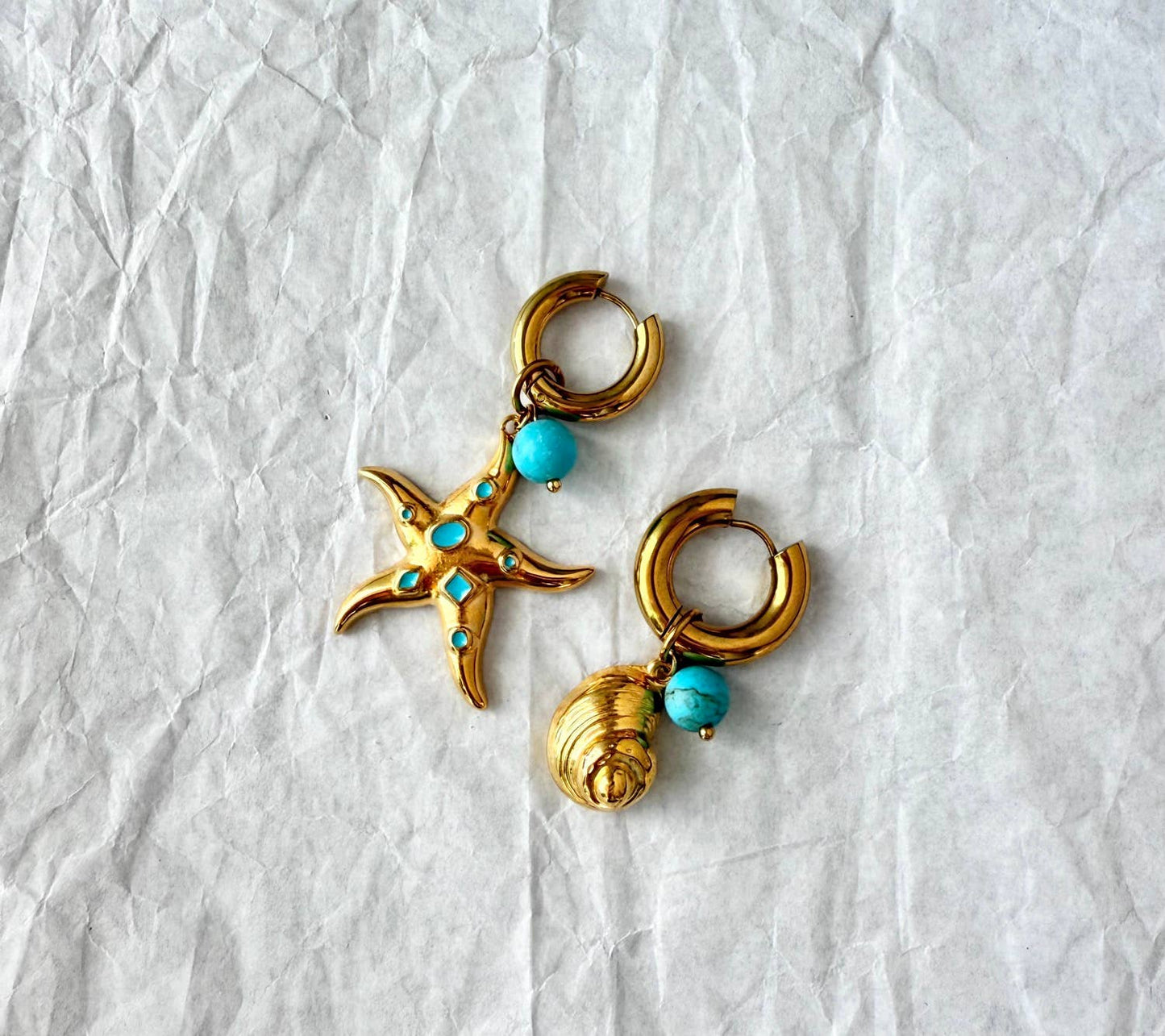 Gold Dangle Starfish Shell Earrings with Turquoise Bead