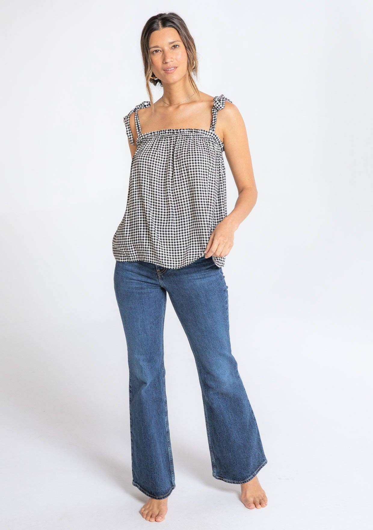 Gingham Linen Blend Tie Shoulder Tank Top