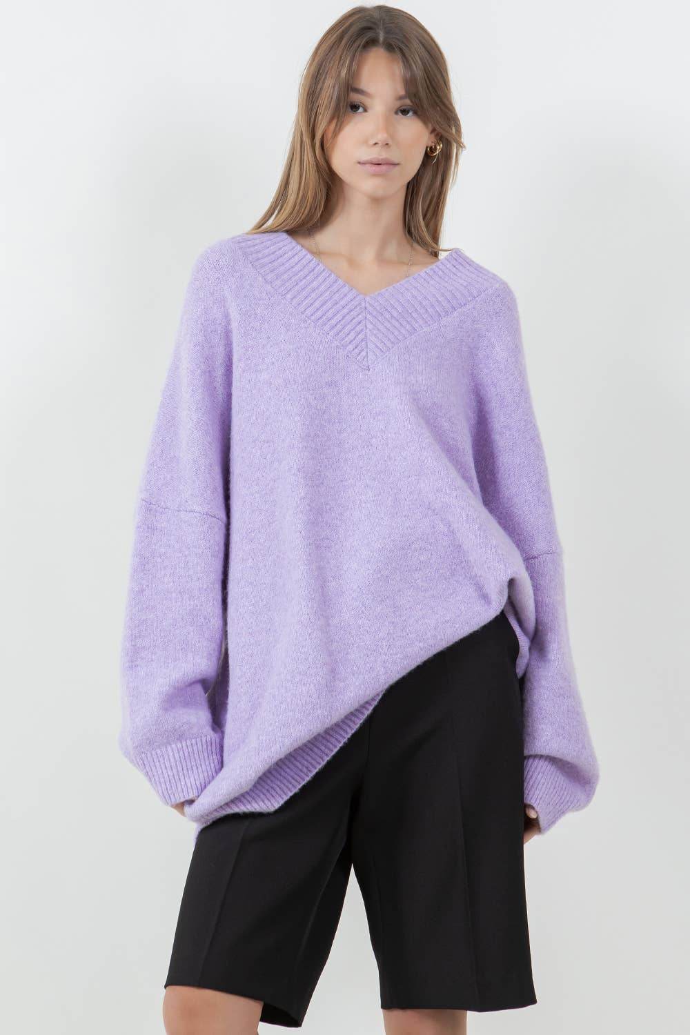 Oversized V-Neck Fuzzy Knitted Sweater - SAUVAGE ZSA™