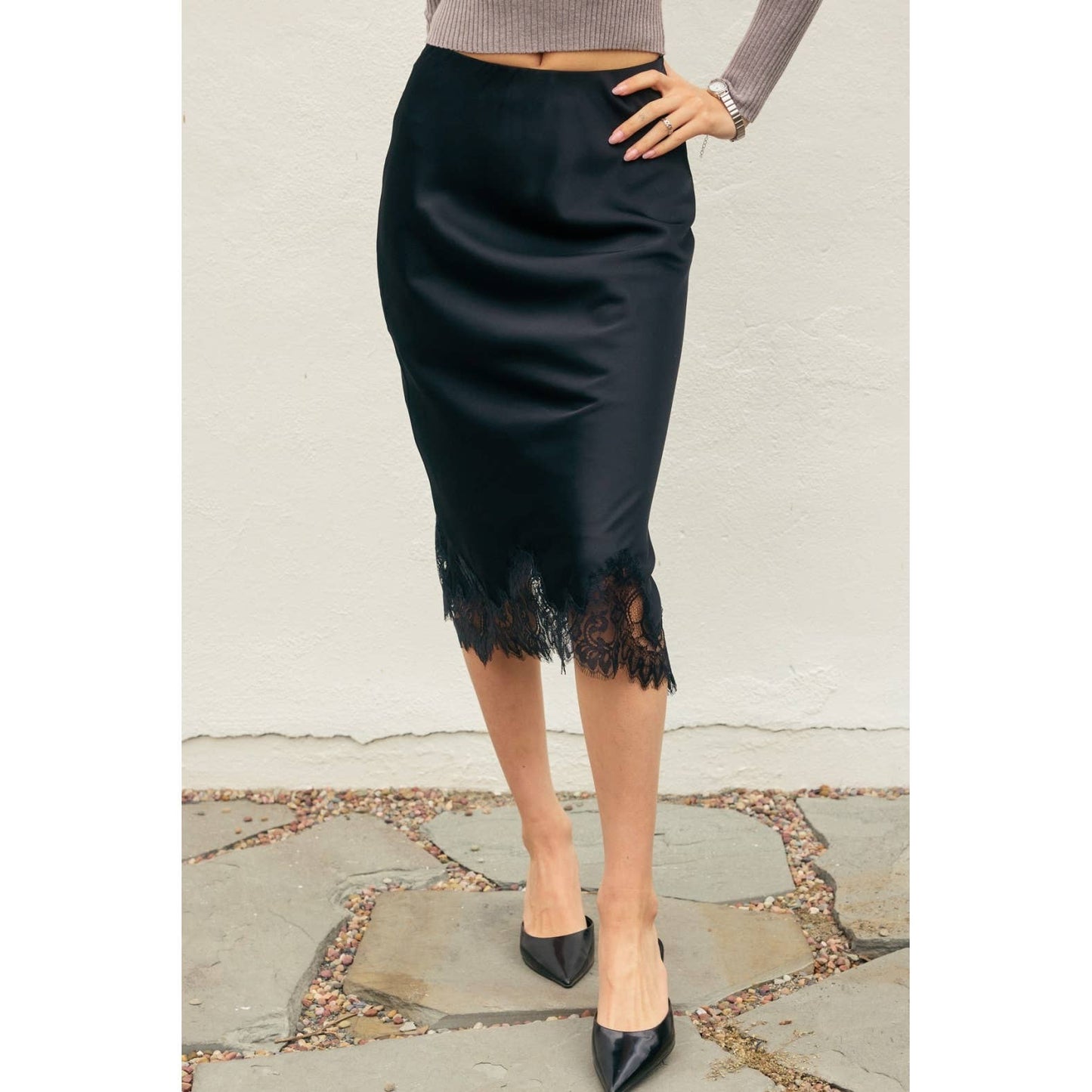 Powder Blue Lined Satin Pencil Skirt with Lace Hem