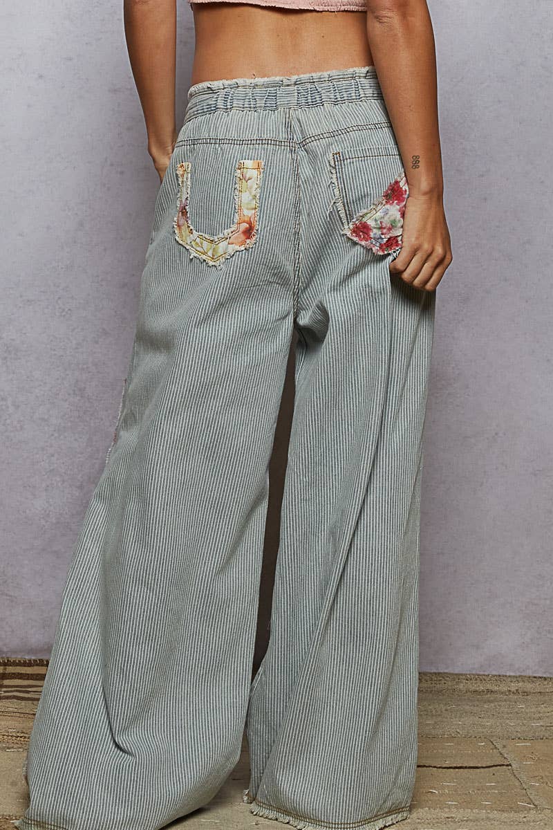 Boho Vintage Wash Striped Denim Pants