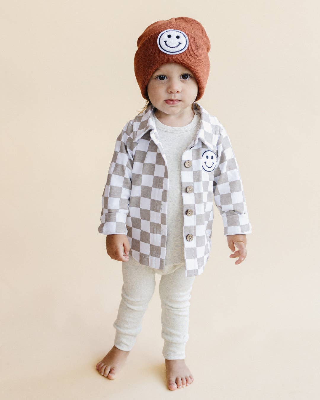 Kids Clothing Cotton Fall Shacket with Smiley Checkered Pattern