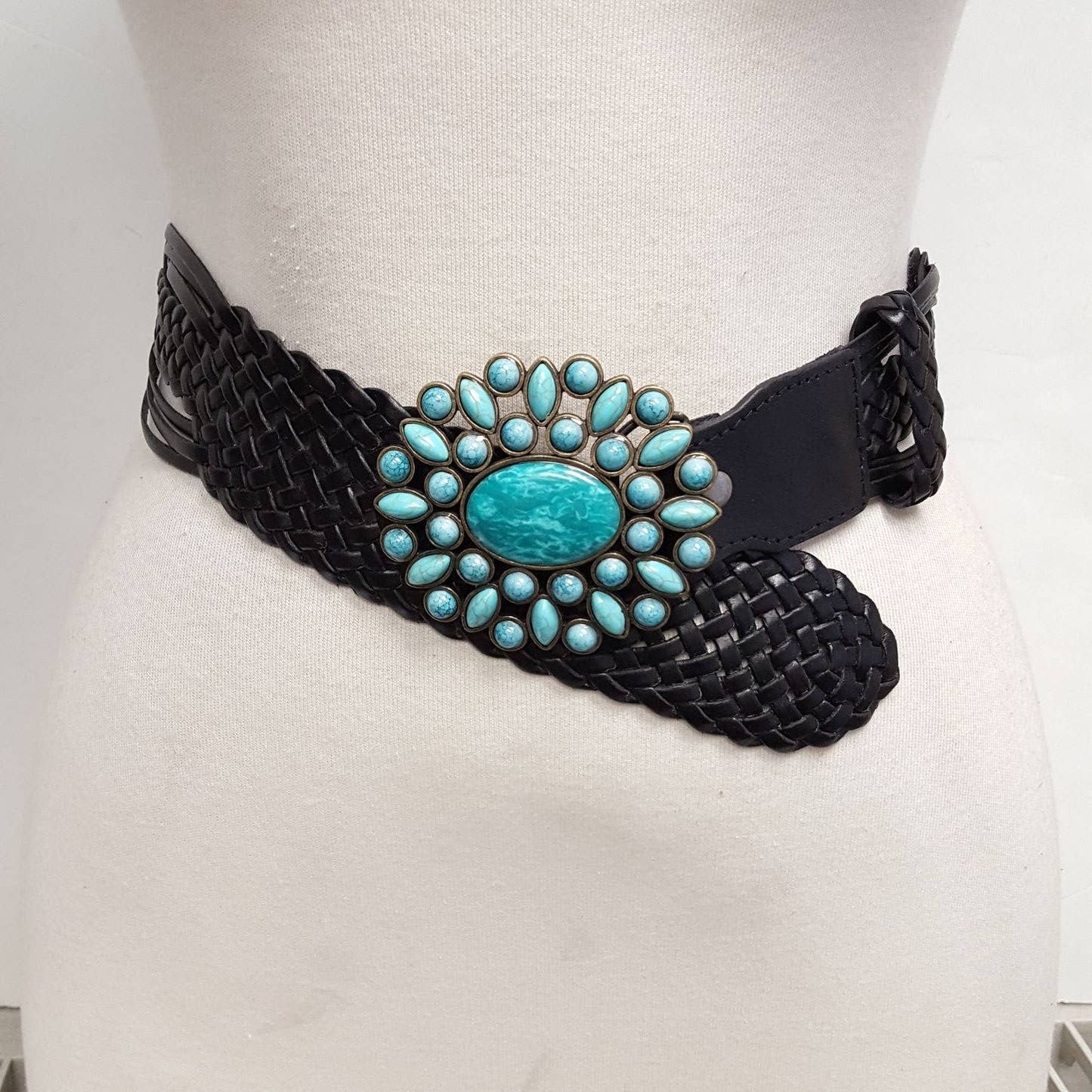 Hand Braided Leather Belt with Turquoise Buckle brass