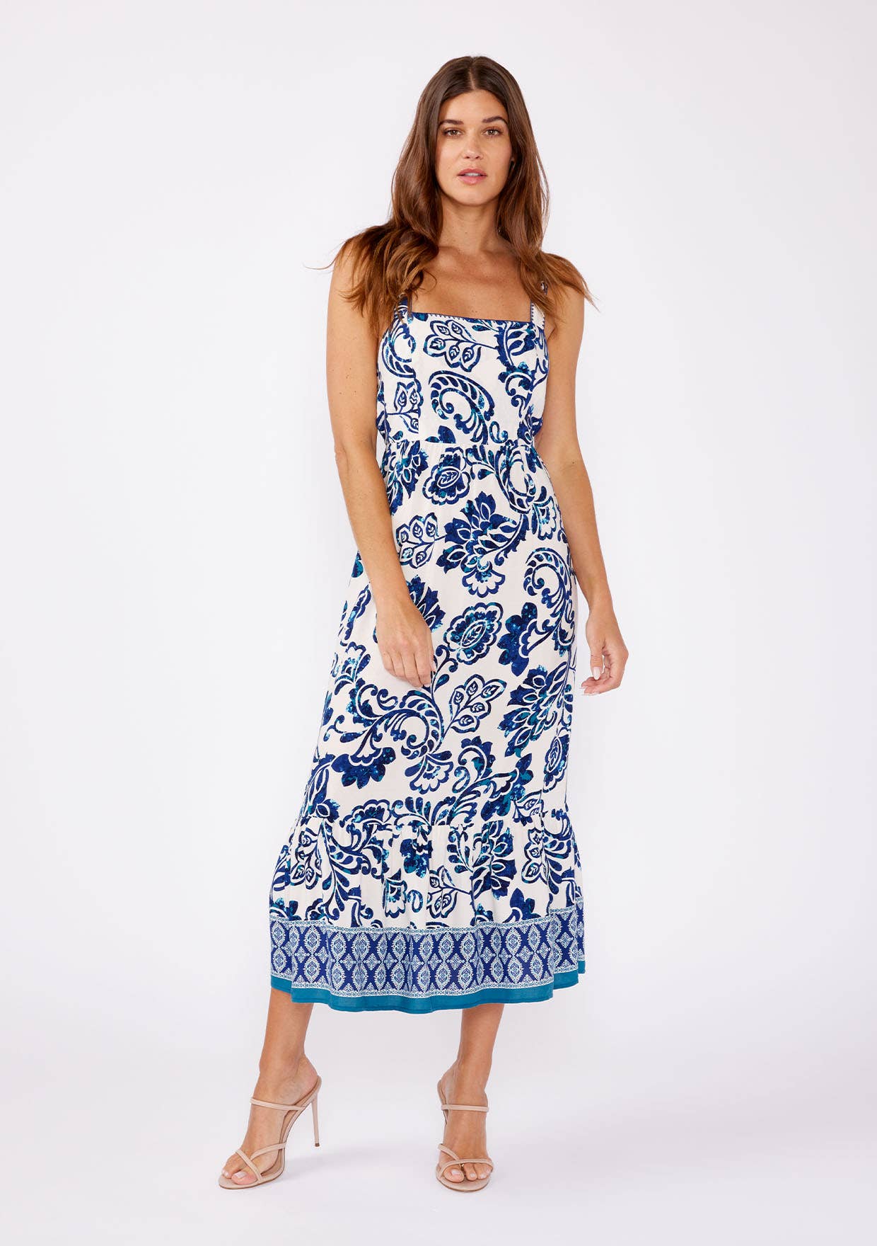 Blue Printed Tie Back Sleeveless Midi Dress