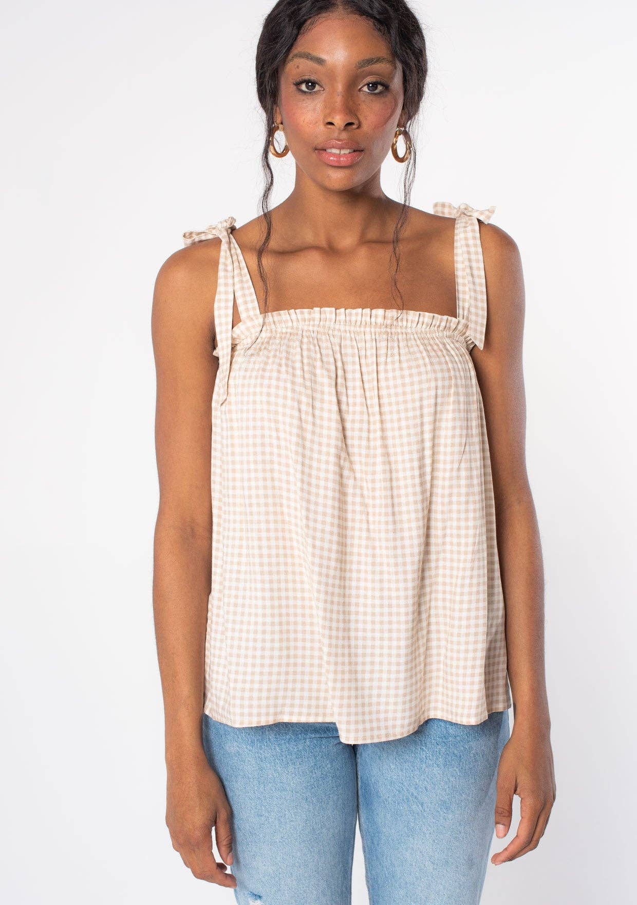 Gingham Linen Blend Tie Shoulder Tank Top