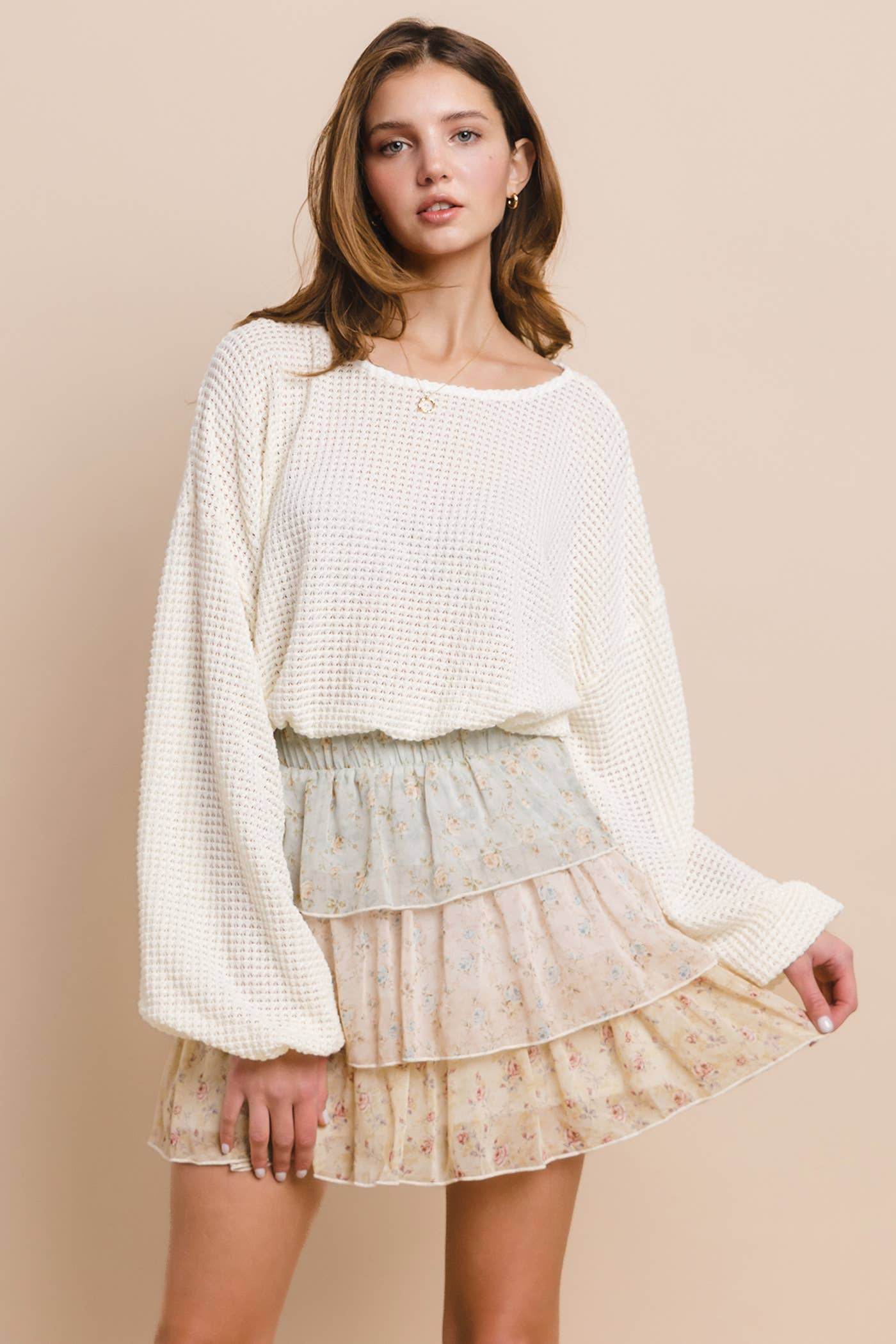 Waffle Knit Bubble Sleeve Cropped Sweater - SAUVAGE ZSA™
