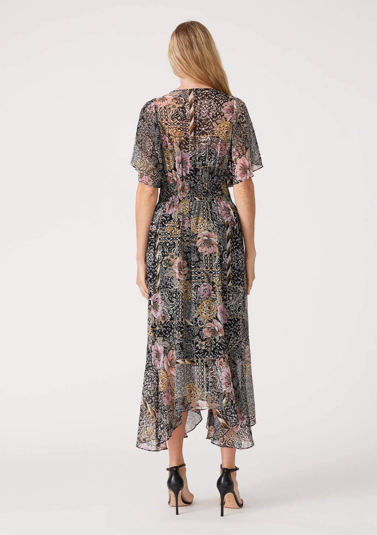 Flowy Asymmetrical V Neck Smocked Maxi Dress