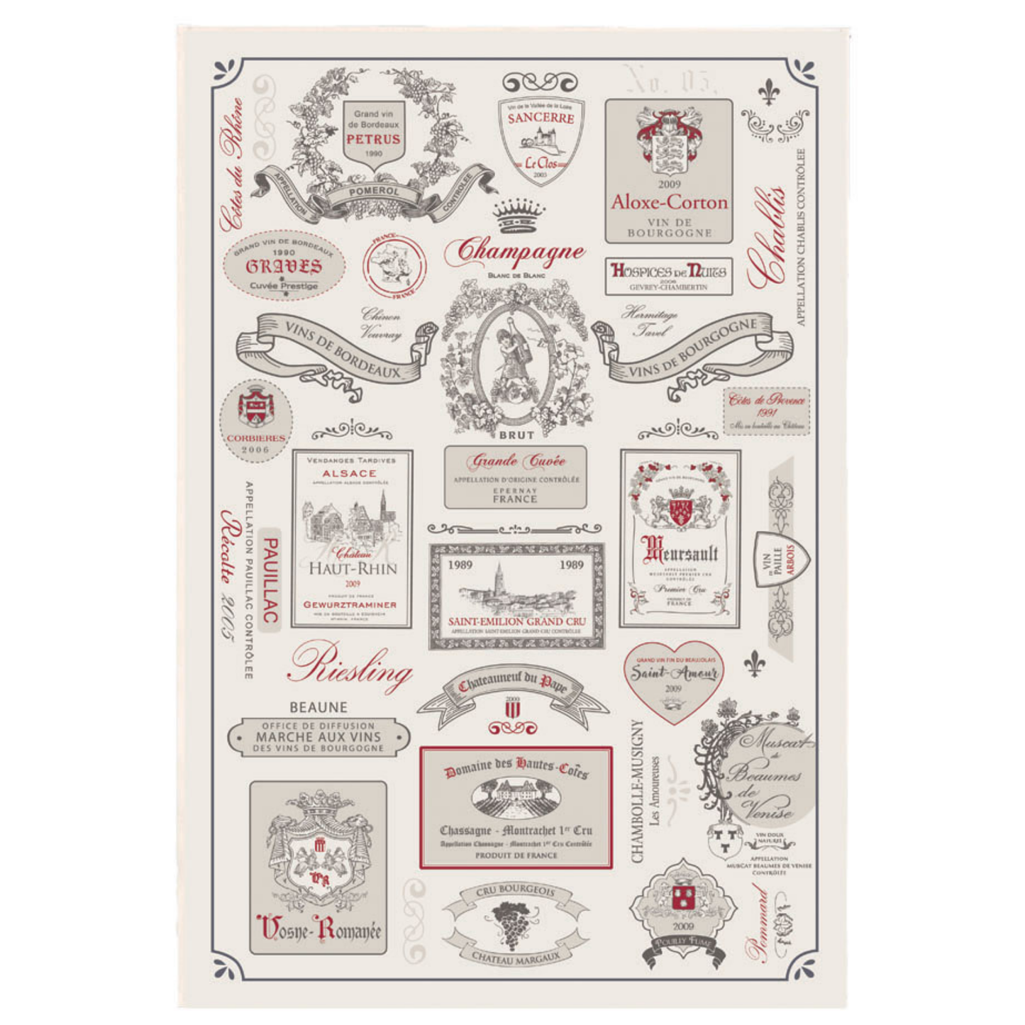 French Wines Labels Tea Towels