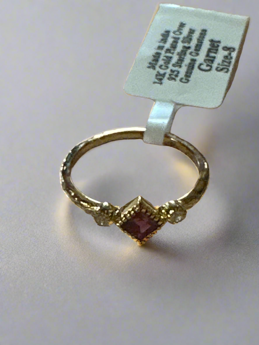 Distressed 14K Gold Plated over .925 Silver Garnet Ring Size 8