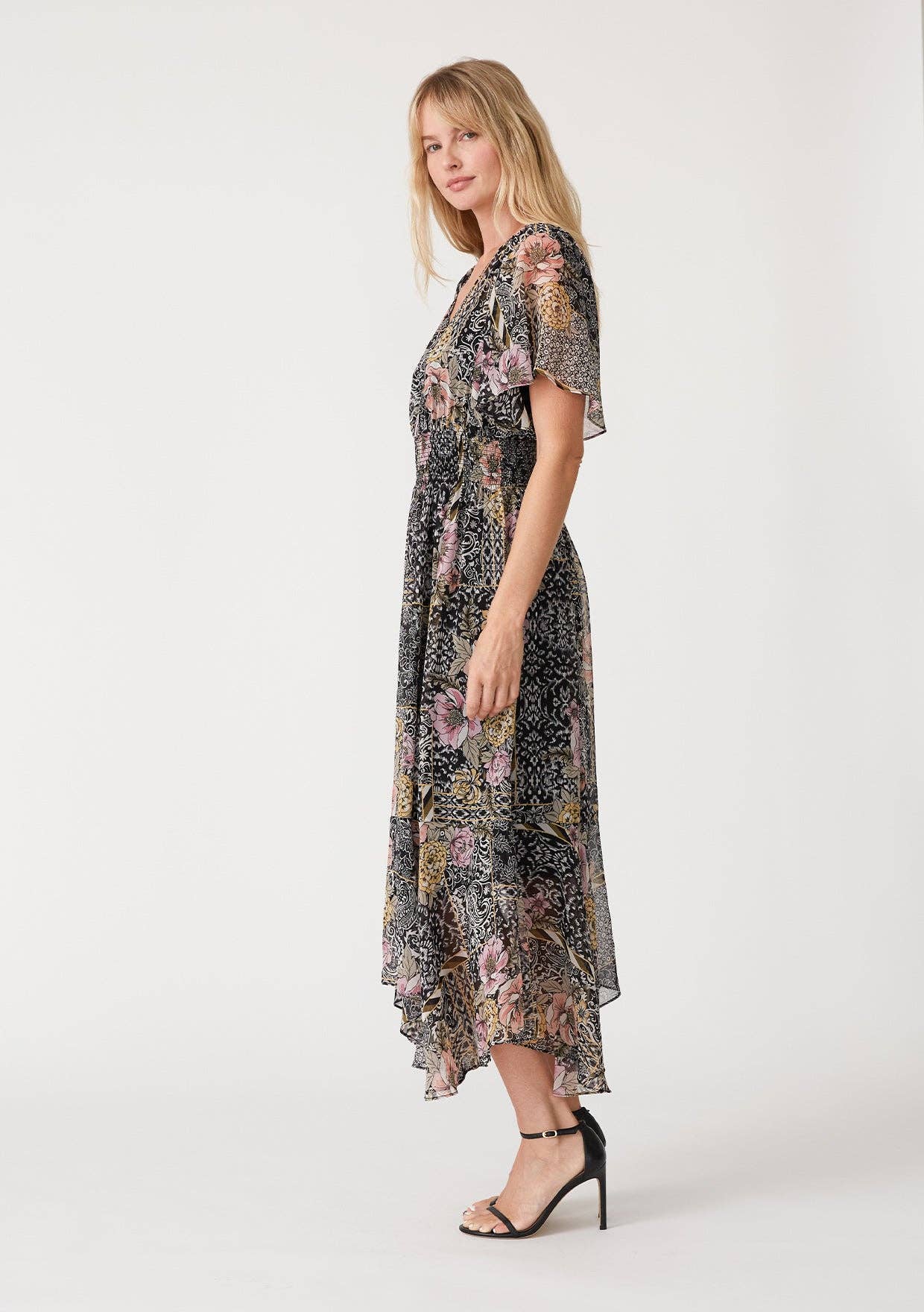 Flowy Asymmetrical V Neck Smocked Maxi Dress