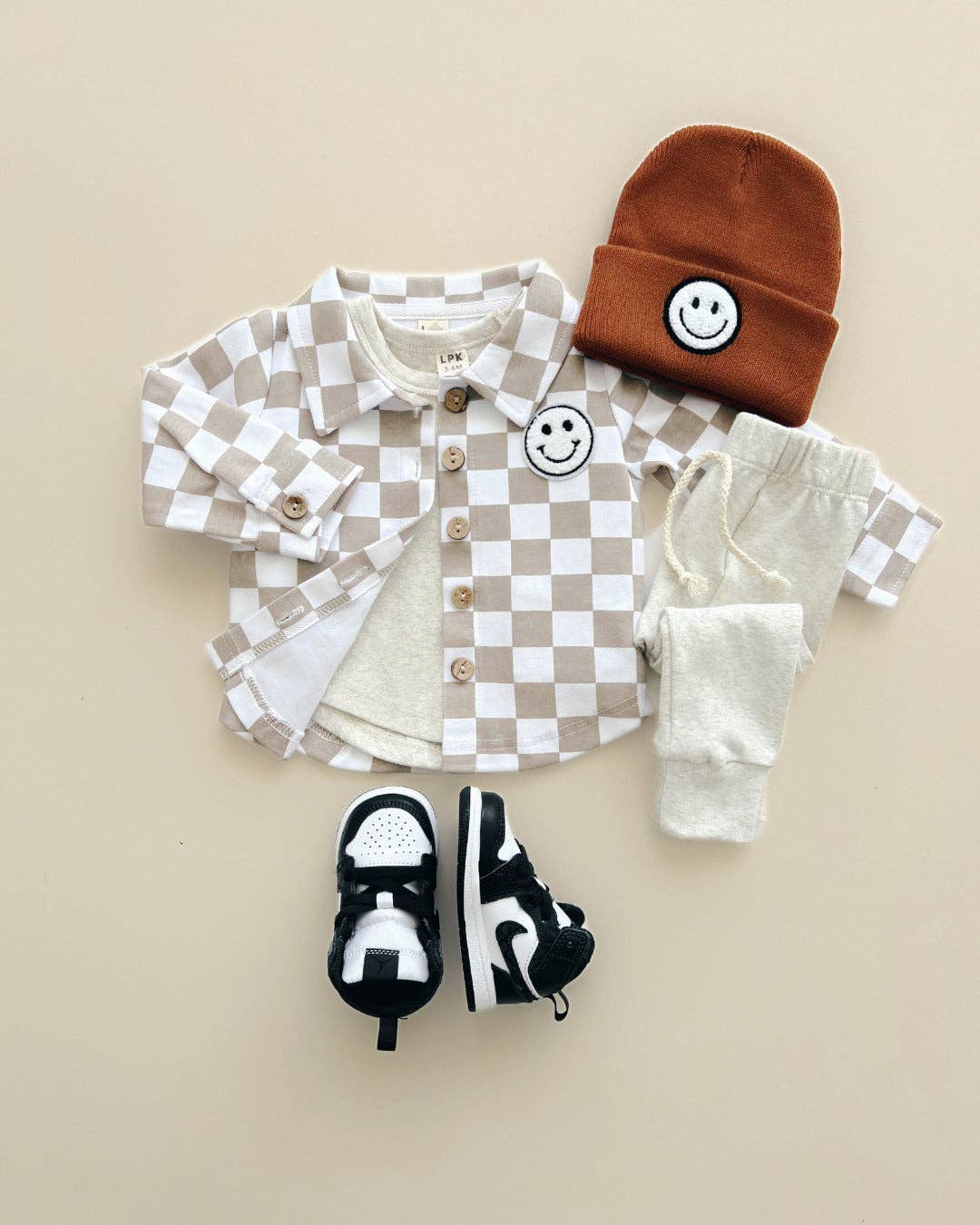 Kids Clothing Cotton Fall Shacket with Smiley Checkered Pattern