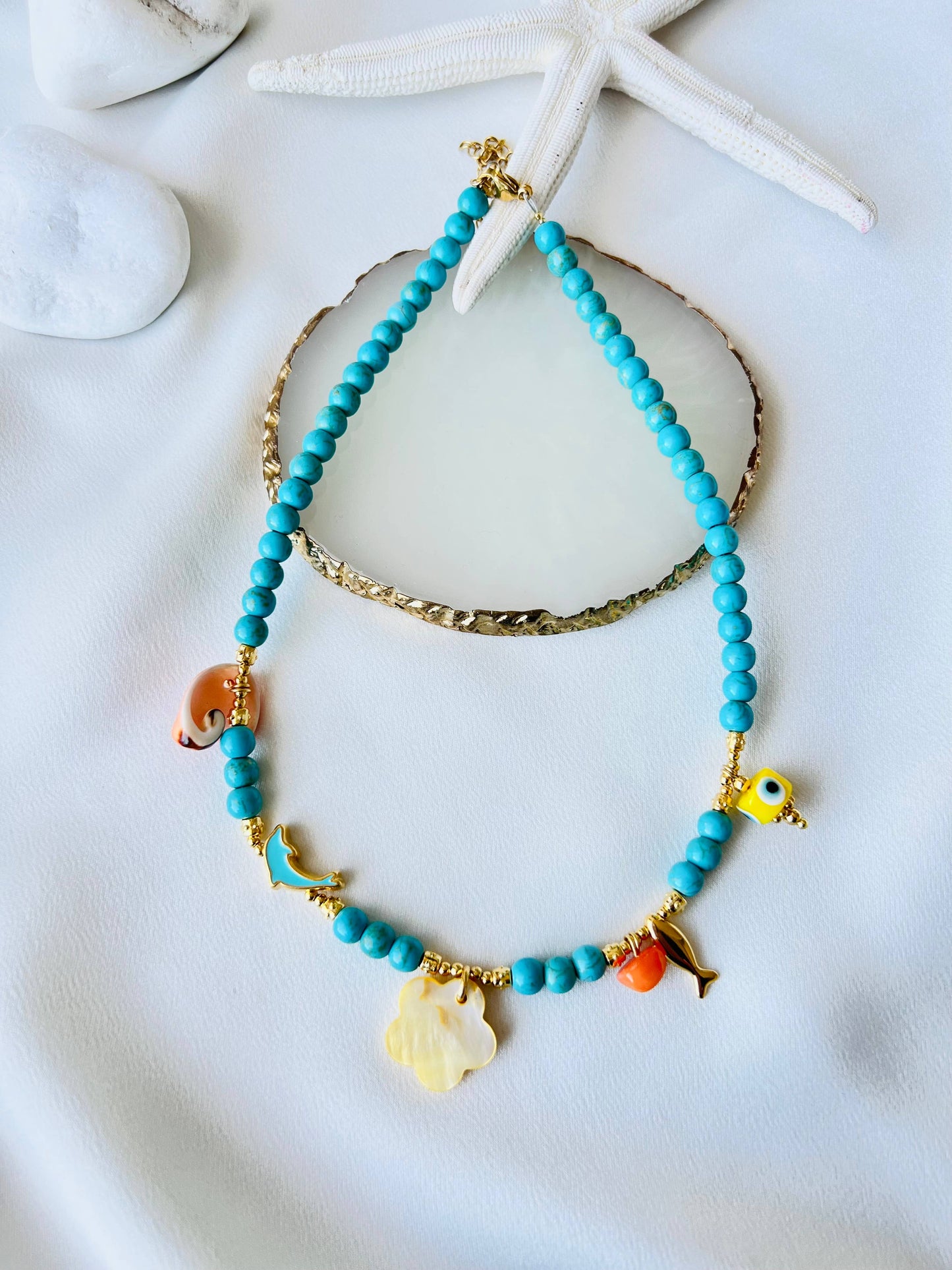 Turquoise Semiprecious Beaded Charm Necklace
