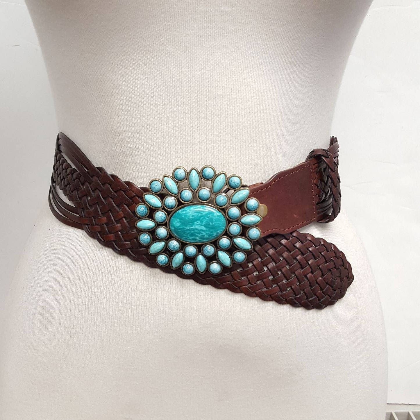 Hand Braided Leather Belt with Turquoise Buckle brass