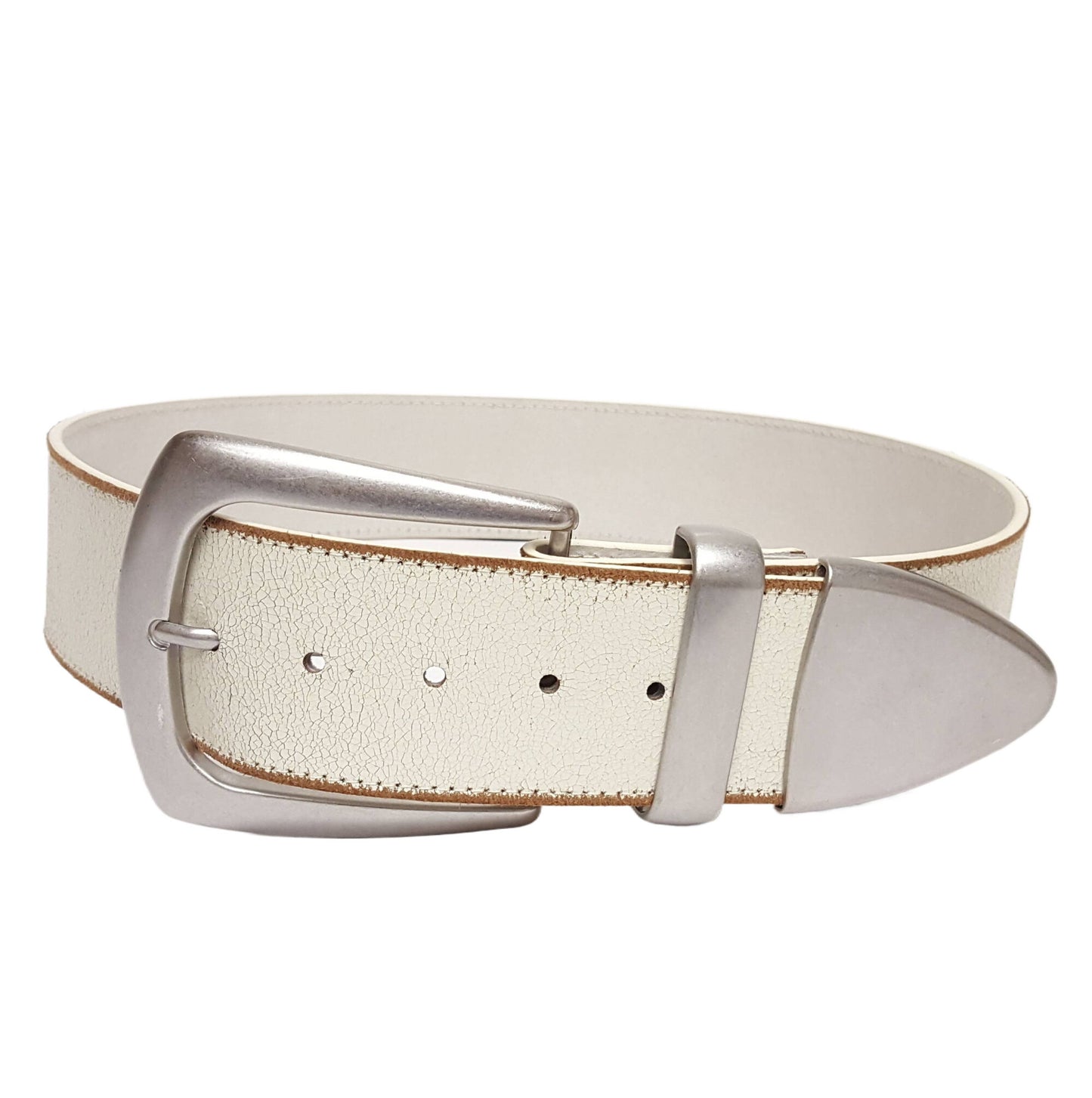 Gold and Silver Wide White Leather Belt with Statement Buckle