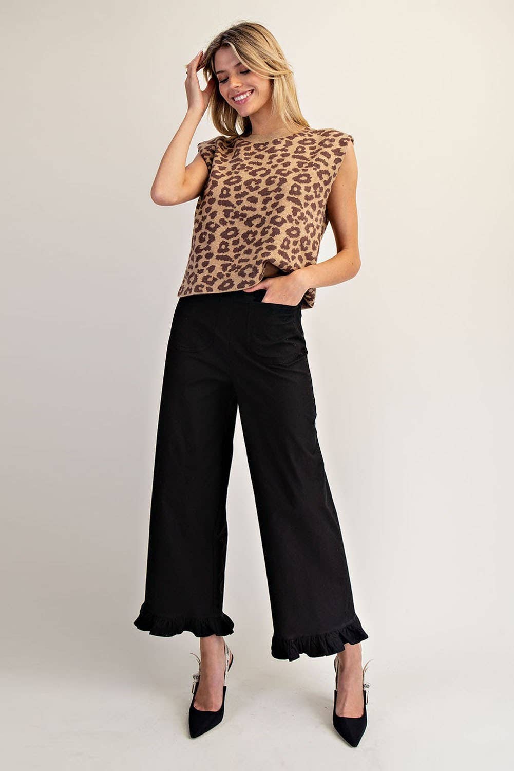 Flattering Straight Leg Ruffled Hem Black Pants