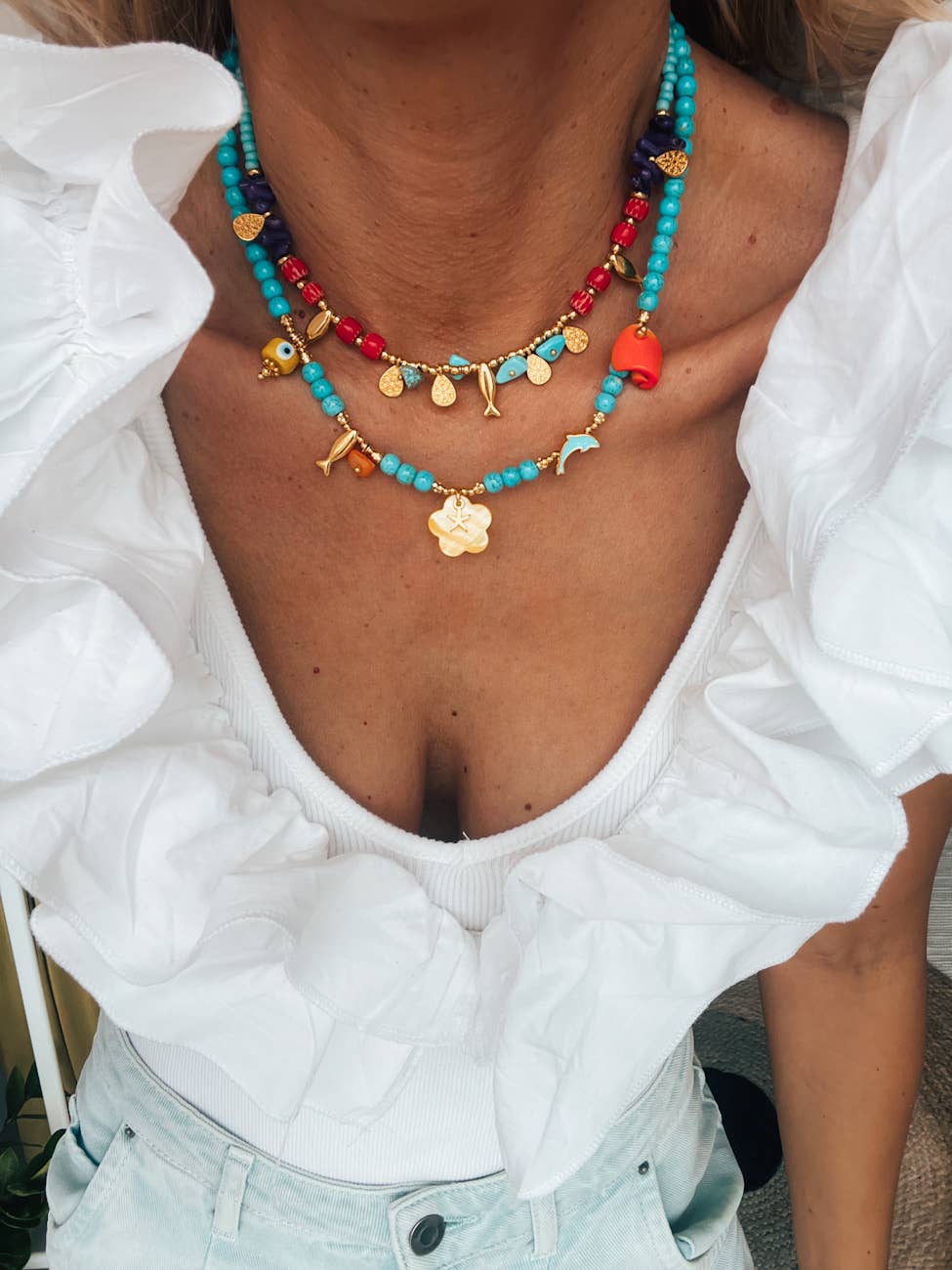 Turquoise Semiprecious Beaded Charm Necklace
