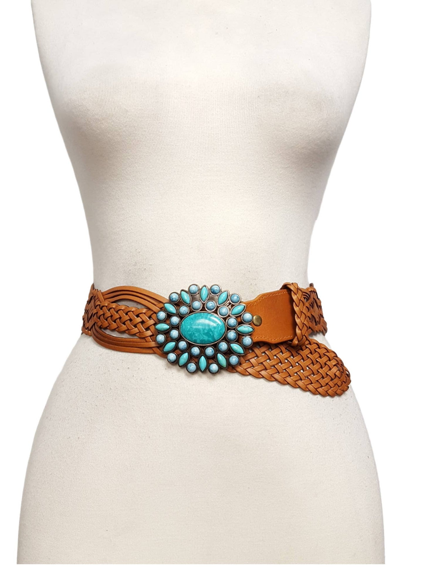 Hand Braided Leather Belt with Turquoise Buckle brass