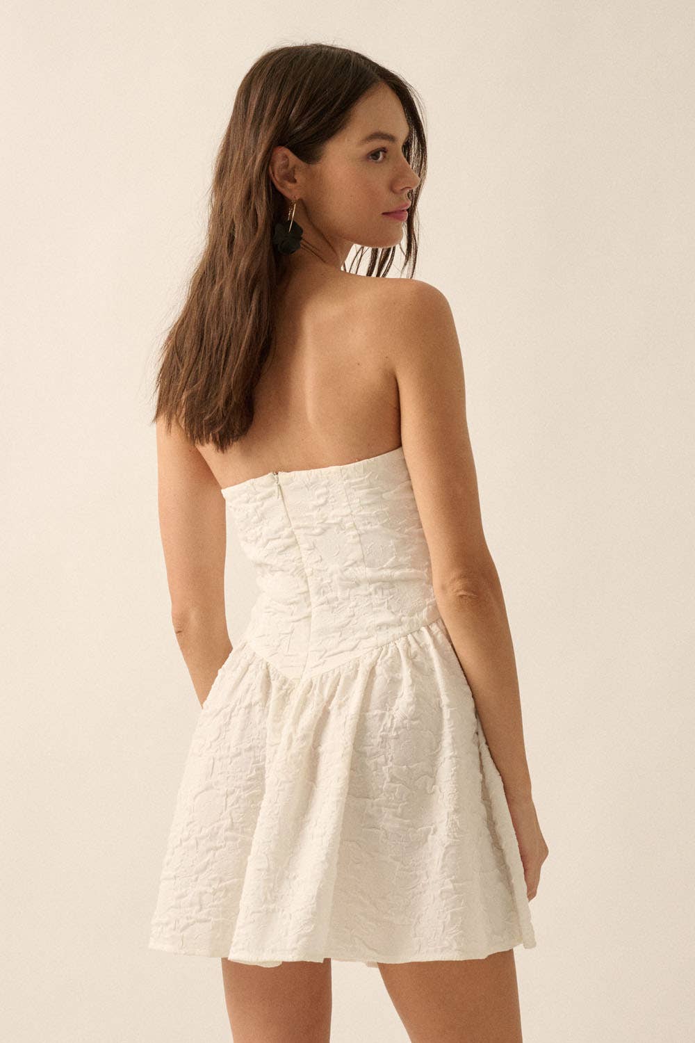 White Floral Dropwaist Mini Strapless Dress