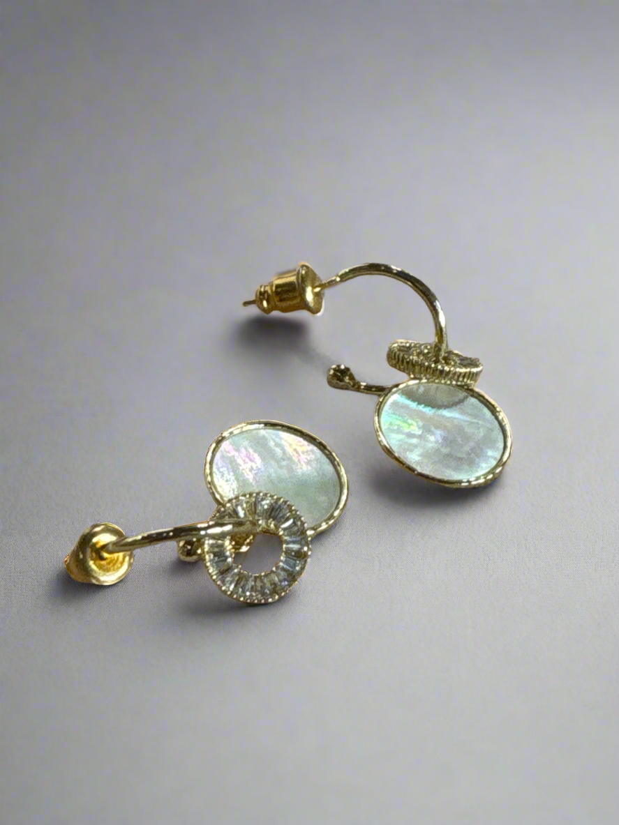 Parisienne Gold Plated Baguette Crystal and Mother of Pearl Hoop Studs