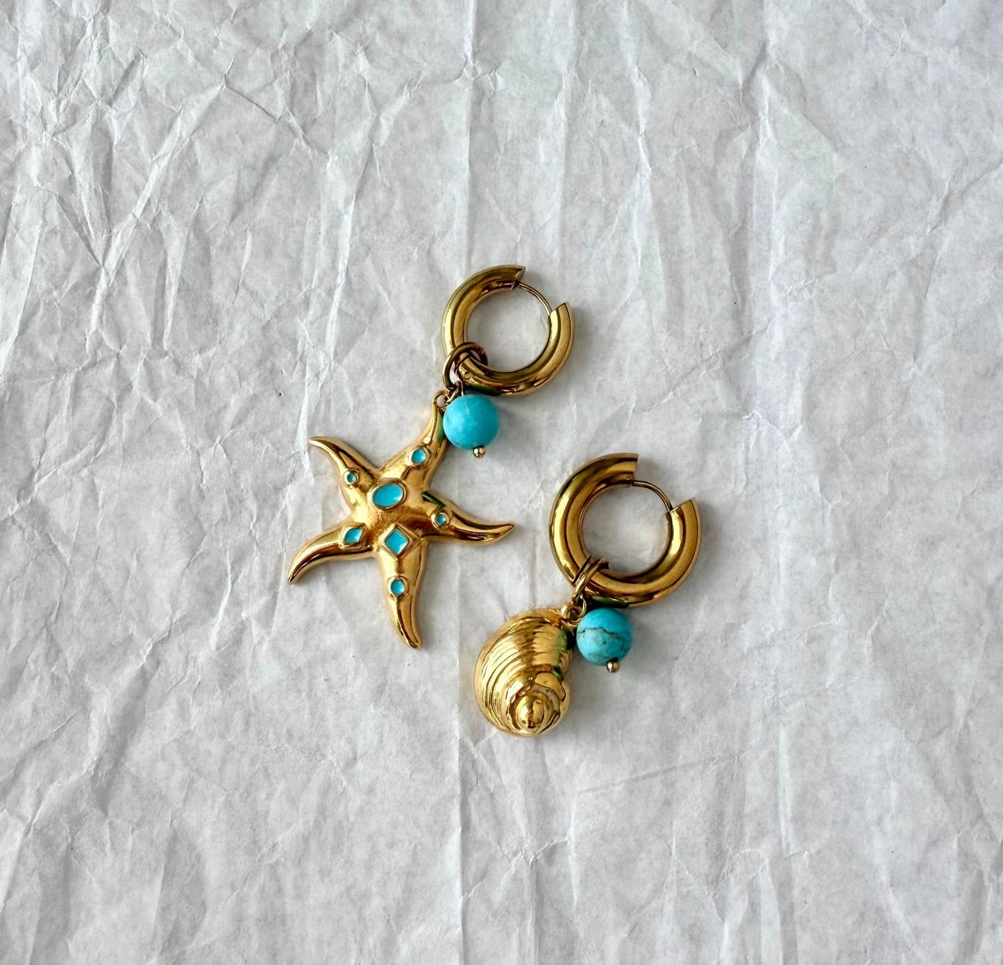 Gold Dangle Starfish Shell Earrings with Turquoise Bead