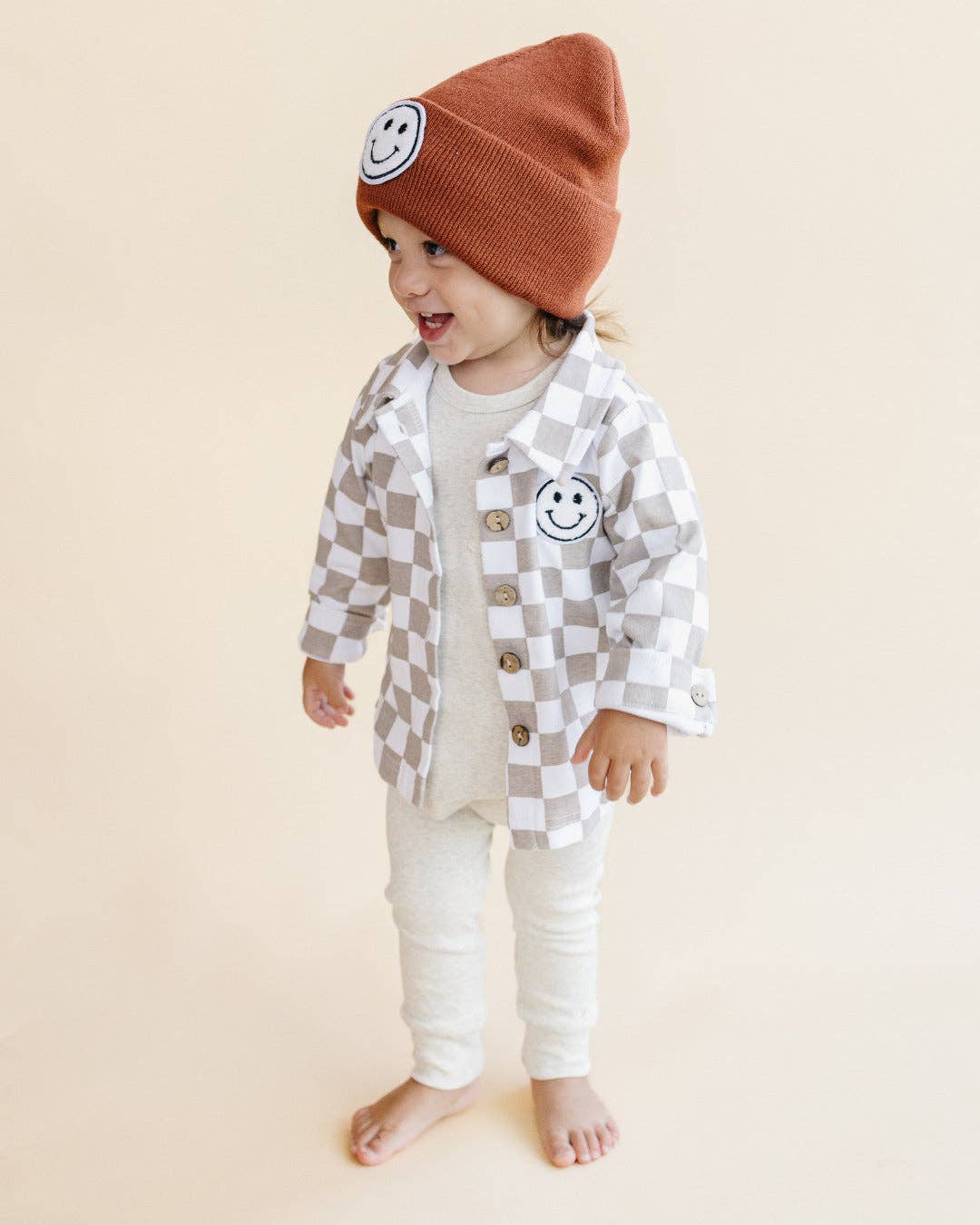 Kids Clothing Cotton Fall Shacket with Smiley Checkered Pattern