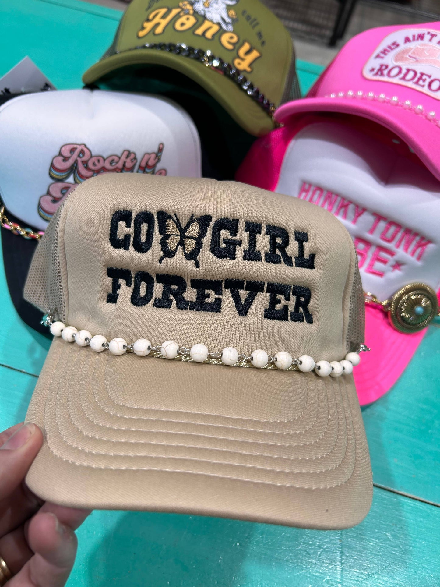 White Turquoise Trucker Hat Chain