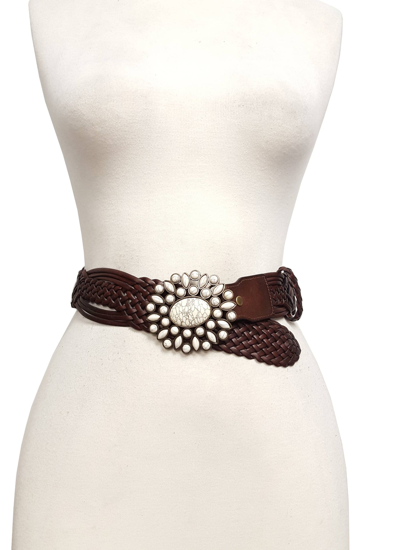Hand Braided Leather Belt with Turquoise Buckle brass