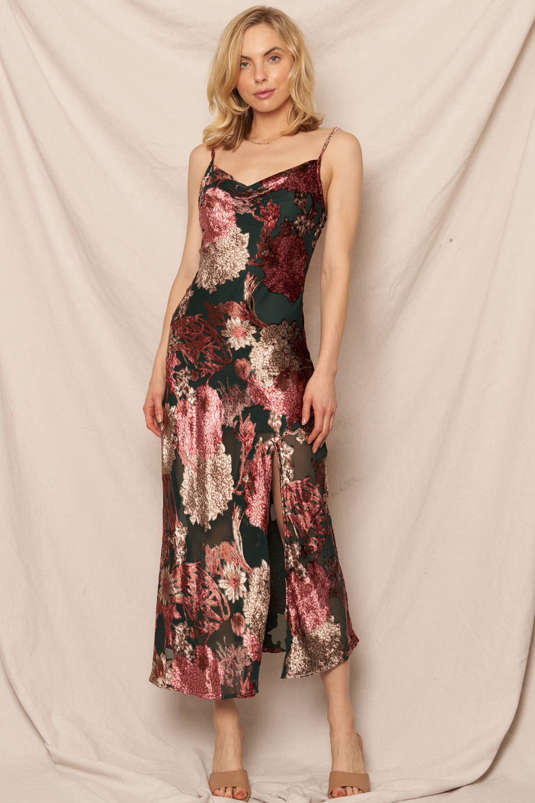 Dark Green Cowl Neck Floral Print Midi Dress L / Dark Green