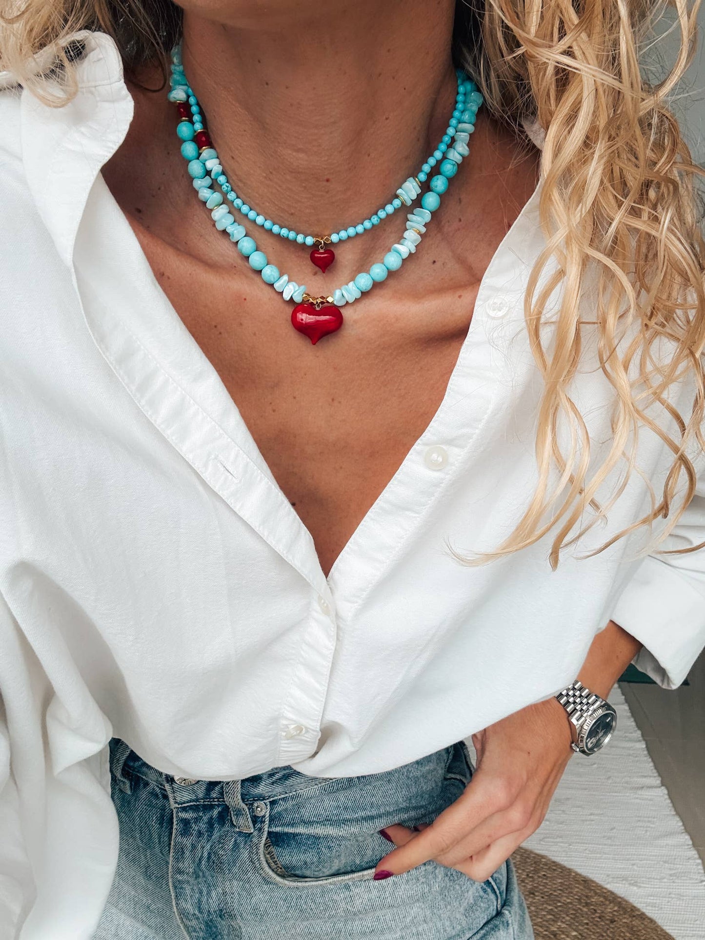 Handmade Semiprecious Howlite & Turquoise Necklace with Red Heart