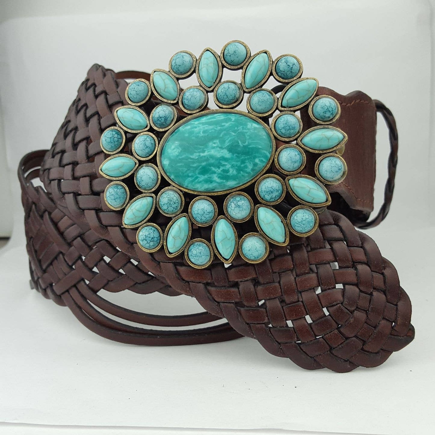 Hand Braided Leather Belt with Turquoise Buckle brass