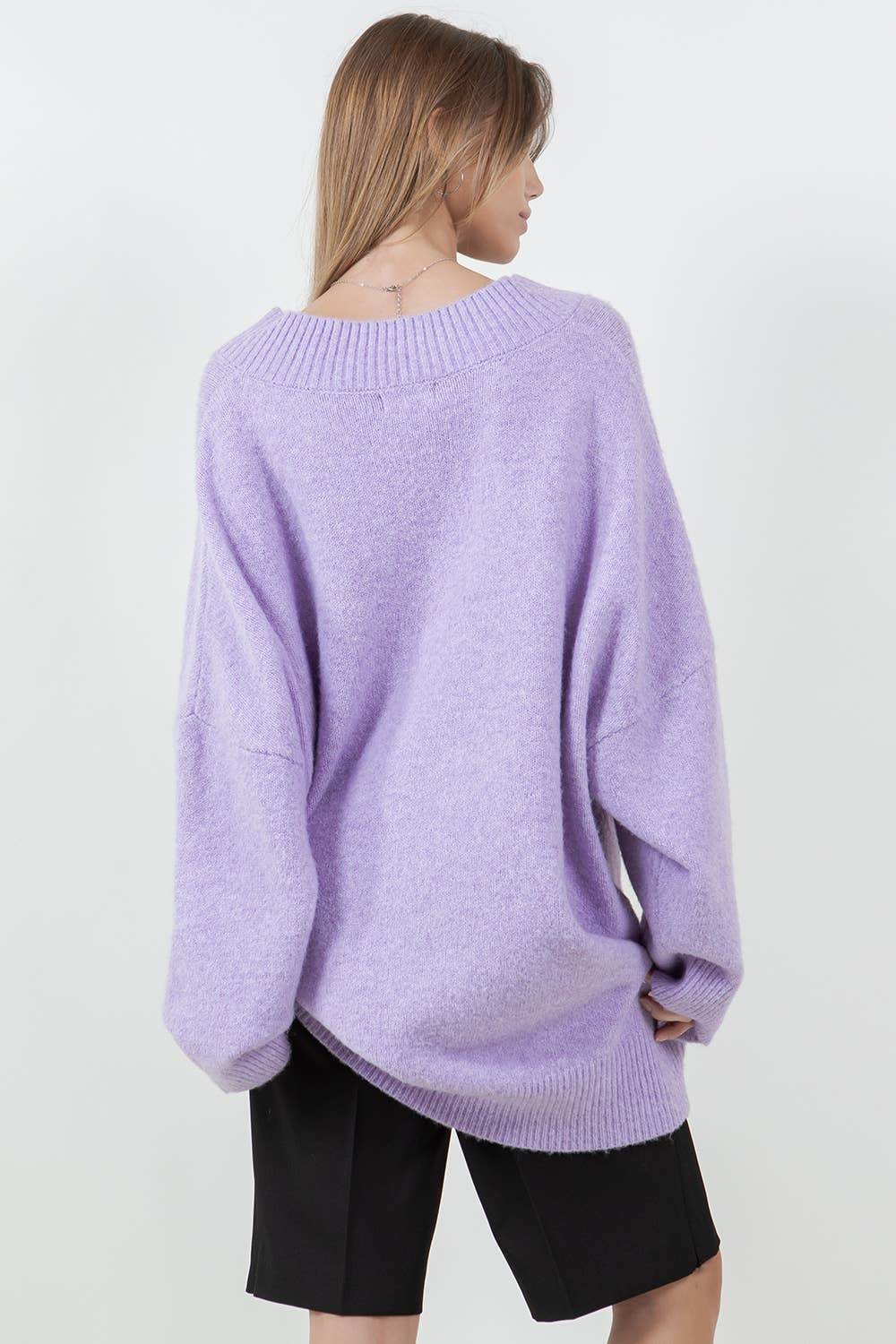 Oversized V-Neck Fuzzy Knitted Sweater - SAUVAGE ZSA™