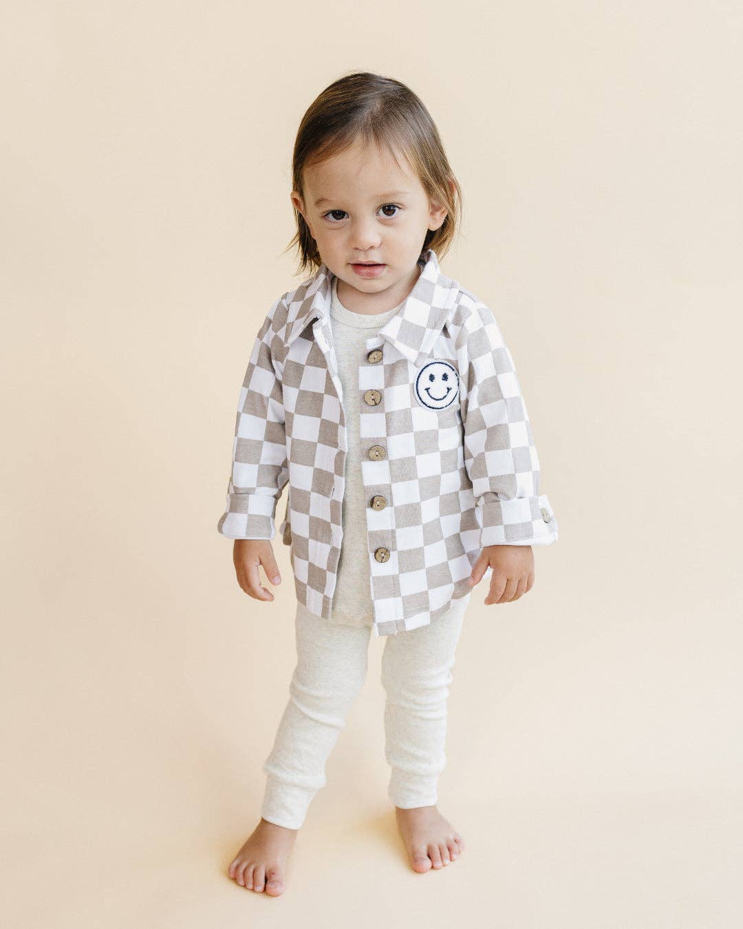 Kids Clothing Cotton Fall Shacket with Smiley Checkered Pattern