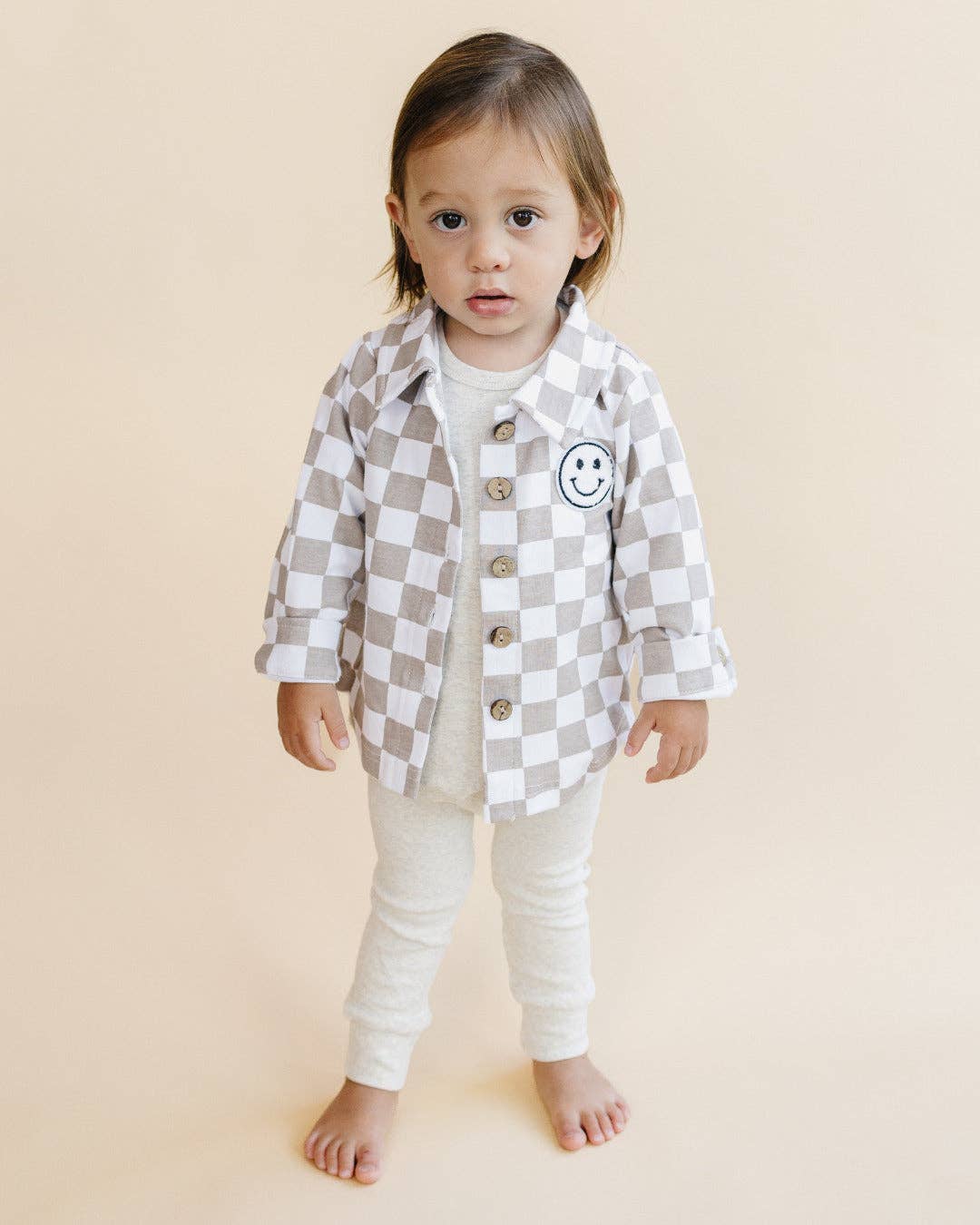 Kids Clothing Cotton Fall Shacket with Smiley Checkered Pattern