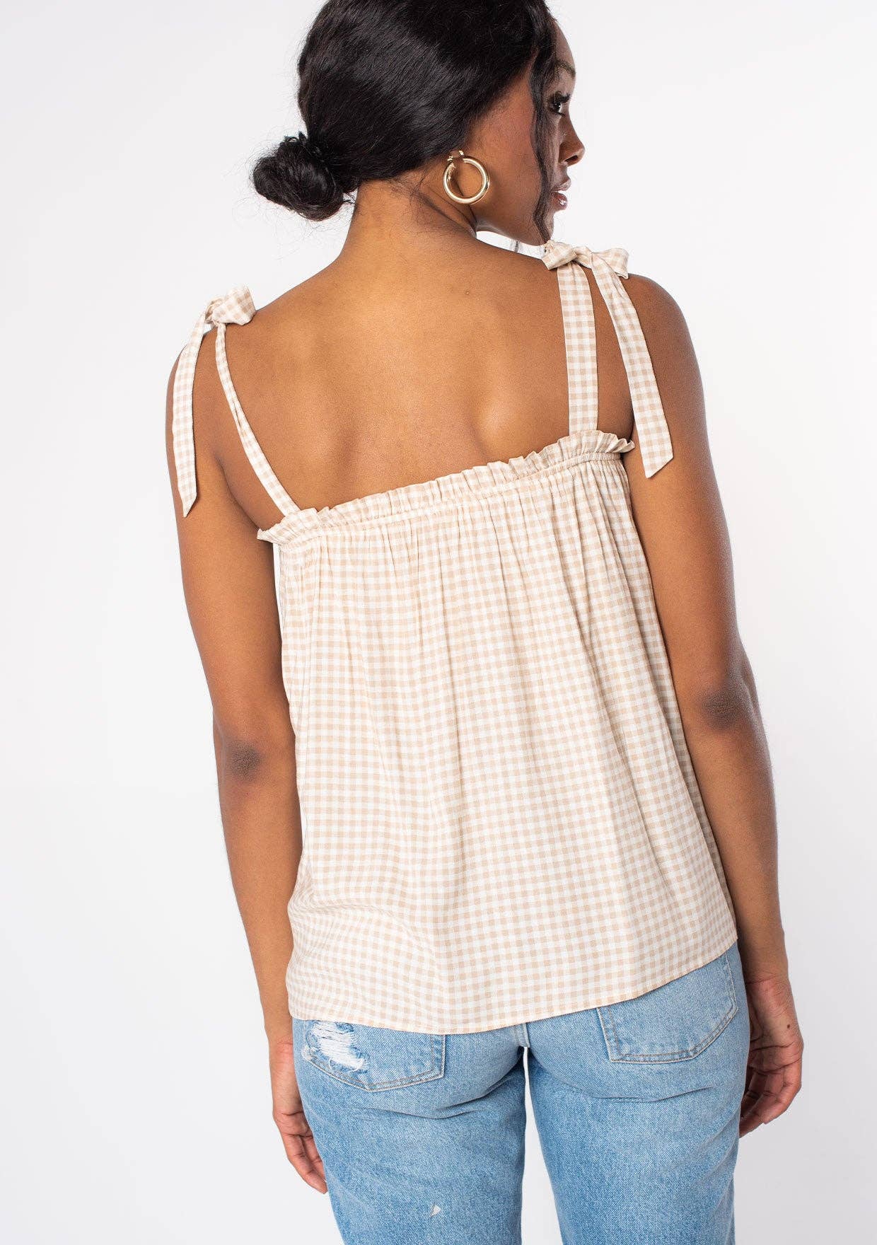 Gingham Linen Blend Tie Shoulder Tank Top