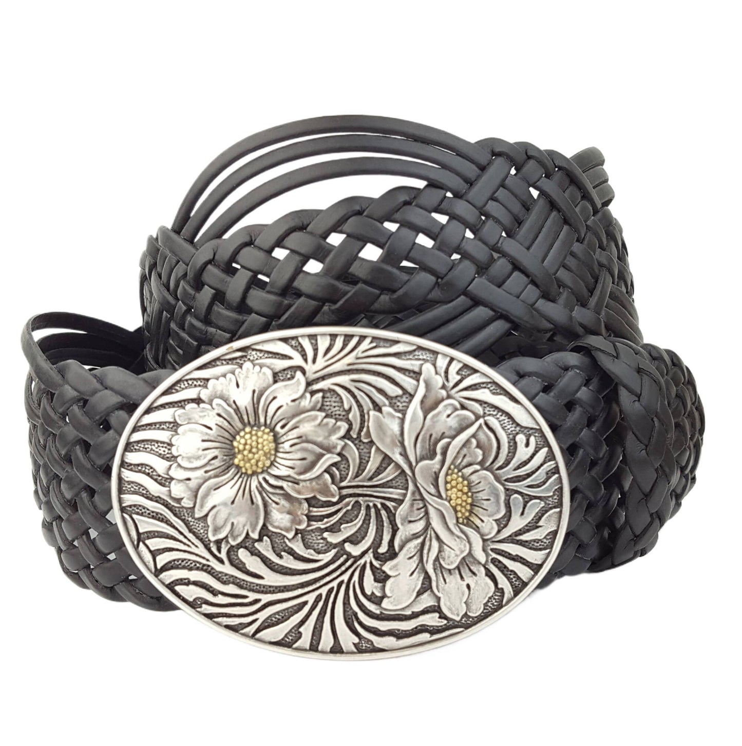 Hand Braided Leather Belt with Western Sunflower Buckle
