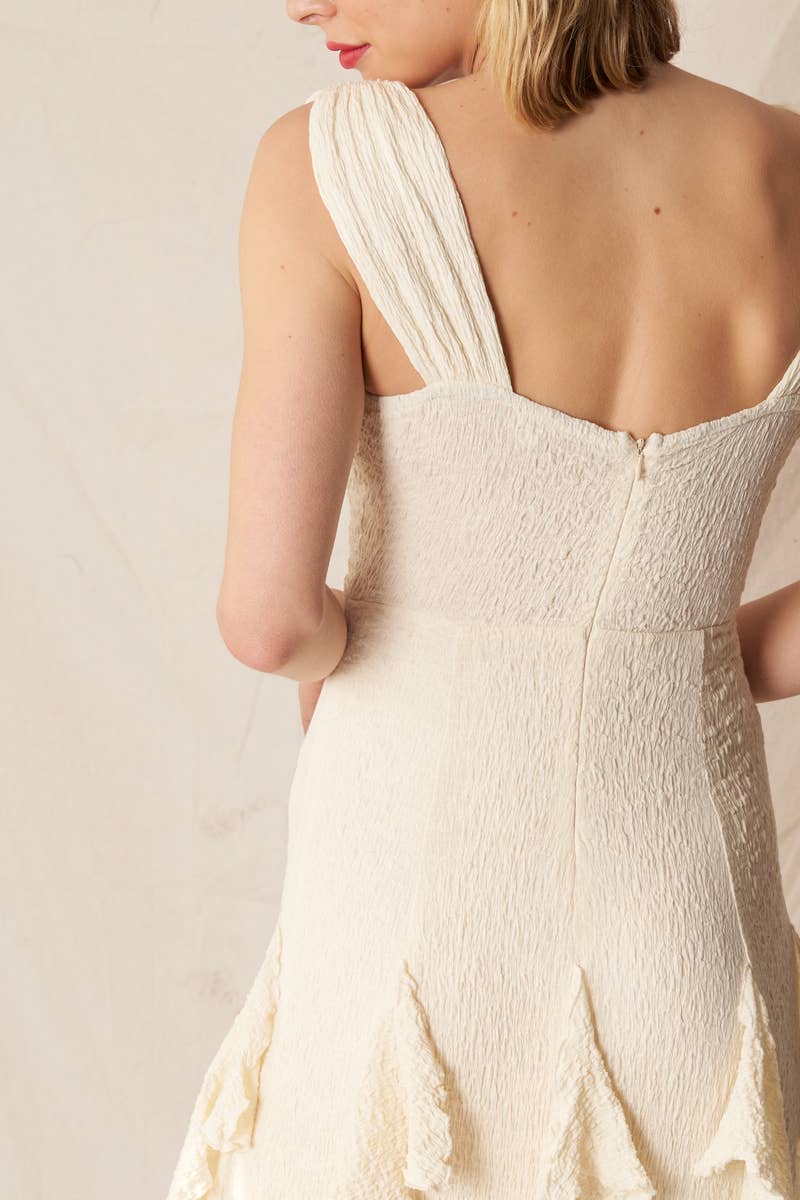 Ivory Bohemian Maxi Dress with Ruffles and Sweetheart Corset