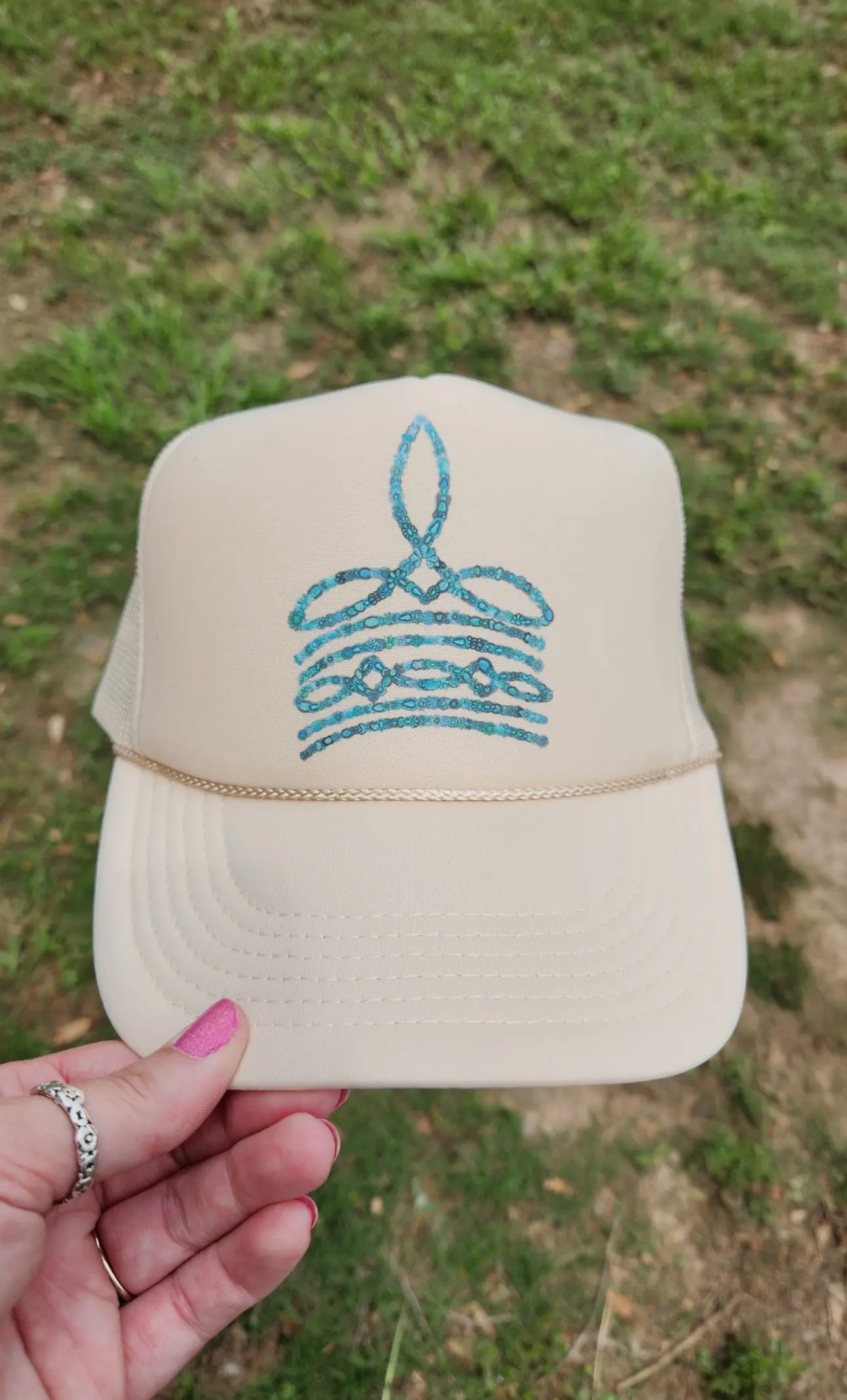 Turquoise Chainstich Trucker Hat
