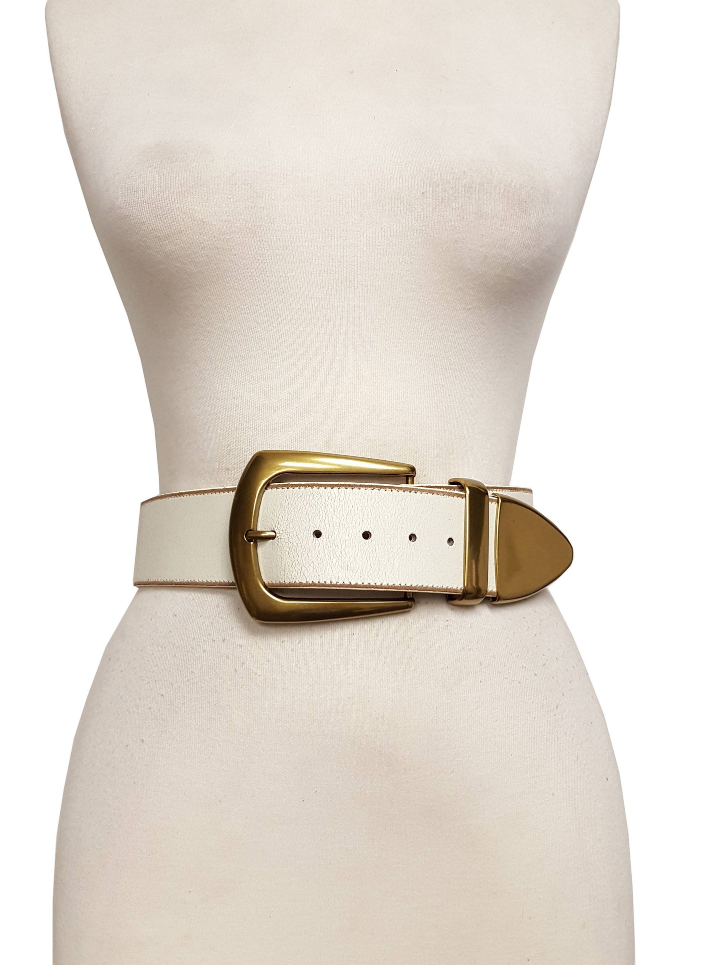 Gold and Silver Wide White Leather Belt with Statement Buckle