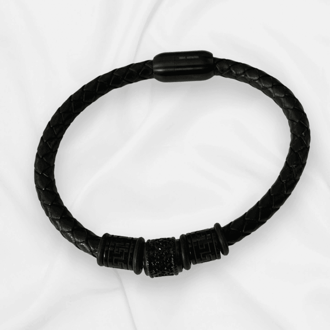 Stainless Steel & Black Leather Bracelet with crystal and engraved charms - SAUVAGE ZSA™