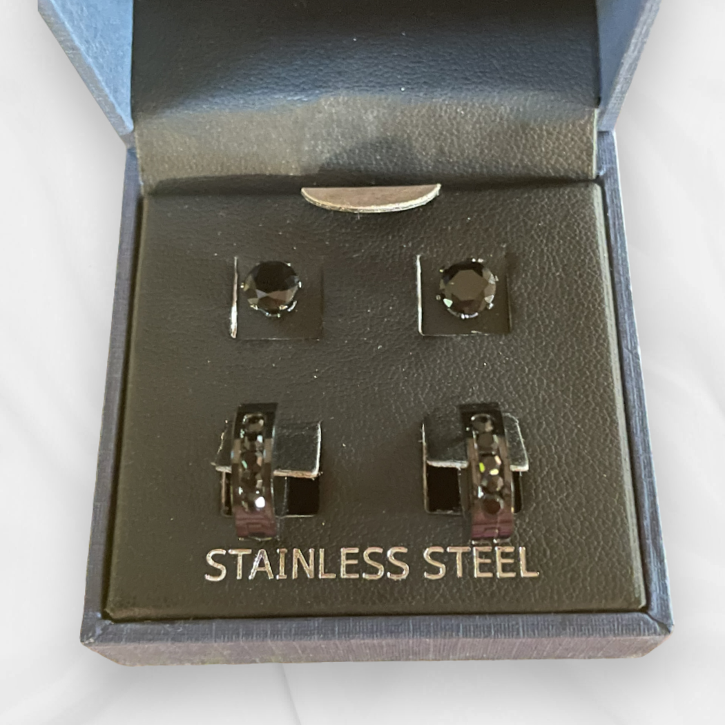 Black Crystal Earring Set with Studs & Huggies