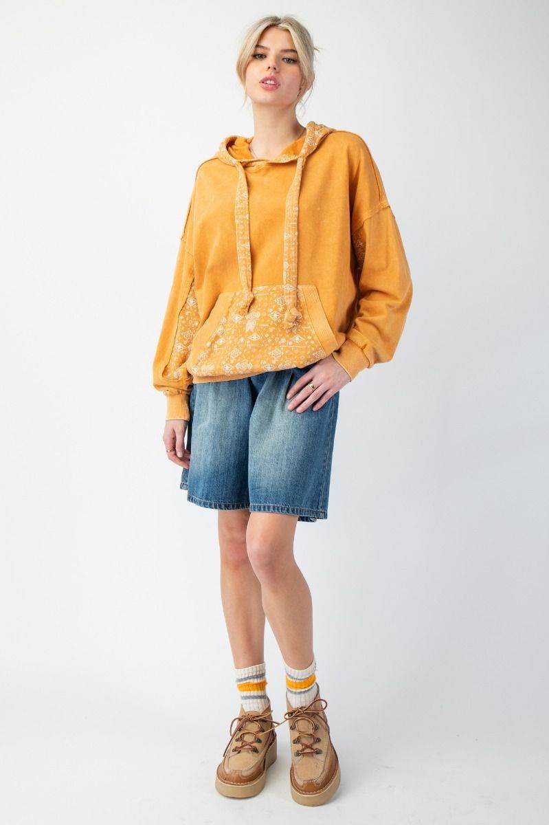 Mineral Wash Terry Cloth Hoodie with Thick Drawstrings & Paisley Print - SAUVAGE ZSA™