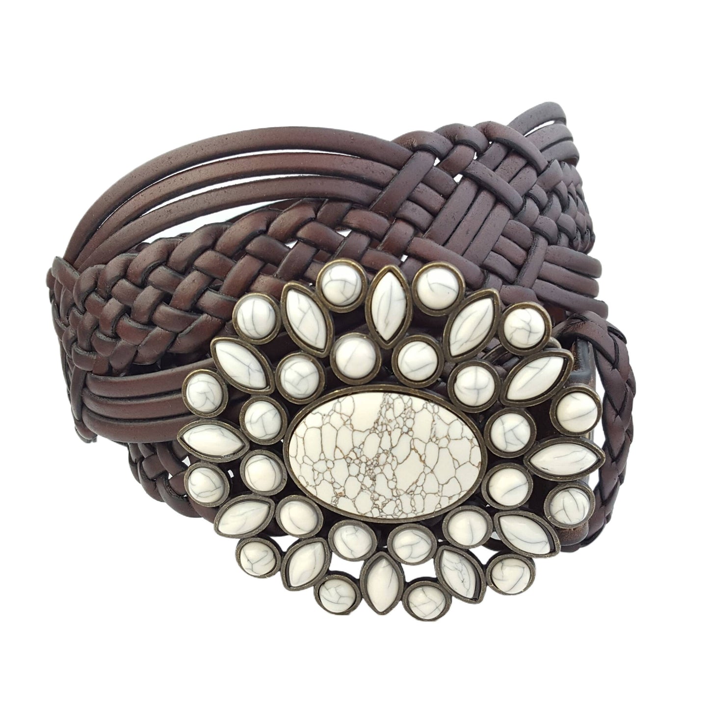 Hand Braided Leather Belt with Turquoise Buckle brass