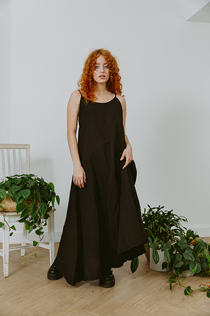 Linen & Fresh Water Pearls Black Maxi Dress