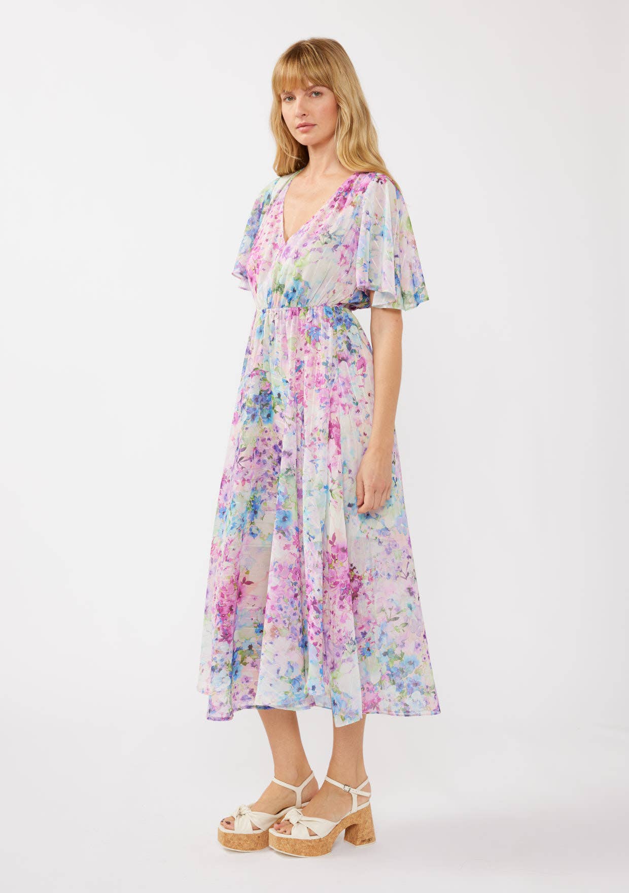 Watercolor Flower Short Sleeve Scarf Maxi Dress