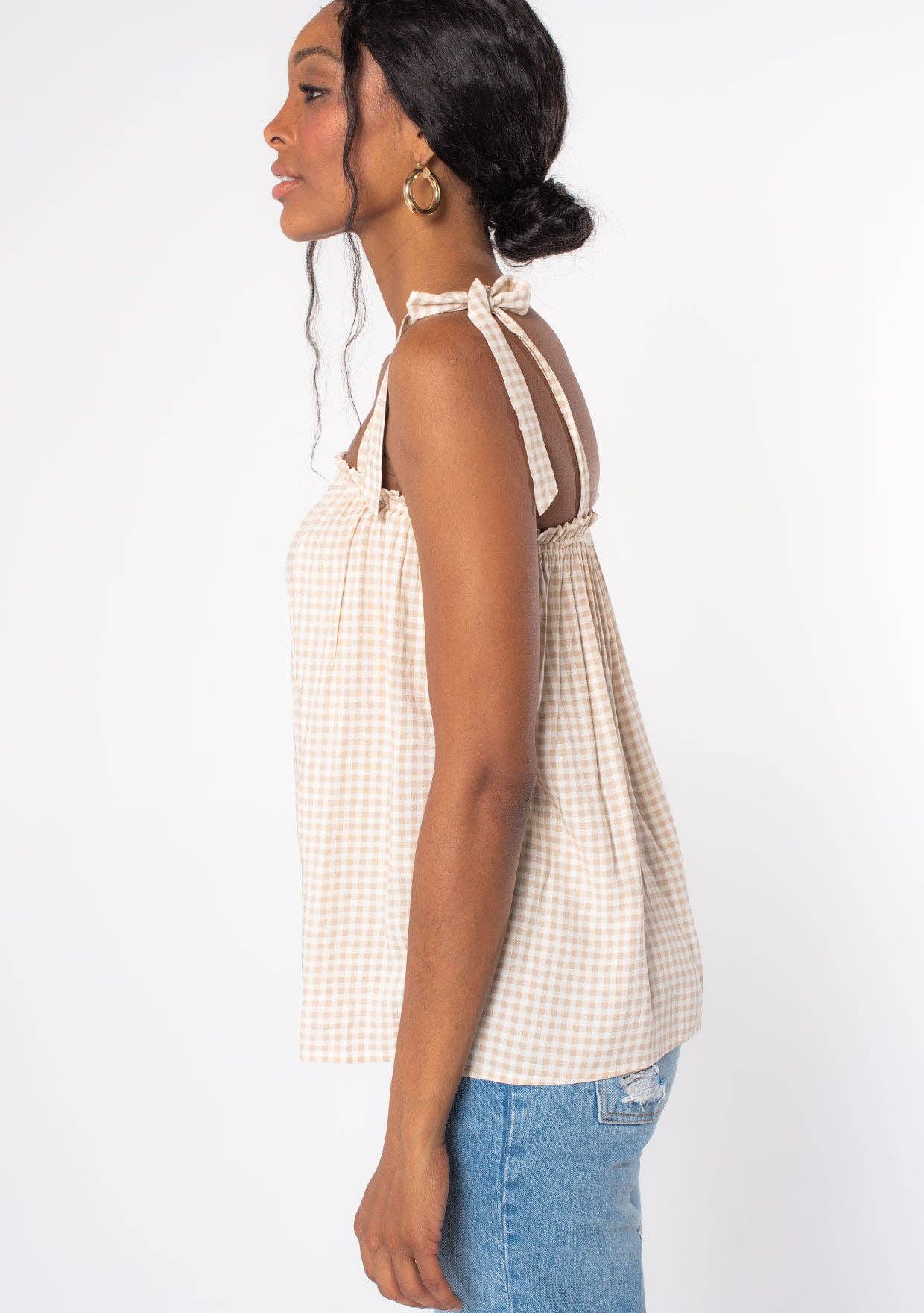 Gingham Linen Blend Tie Shoulder Tank Top