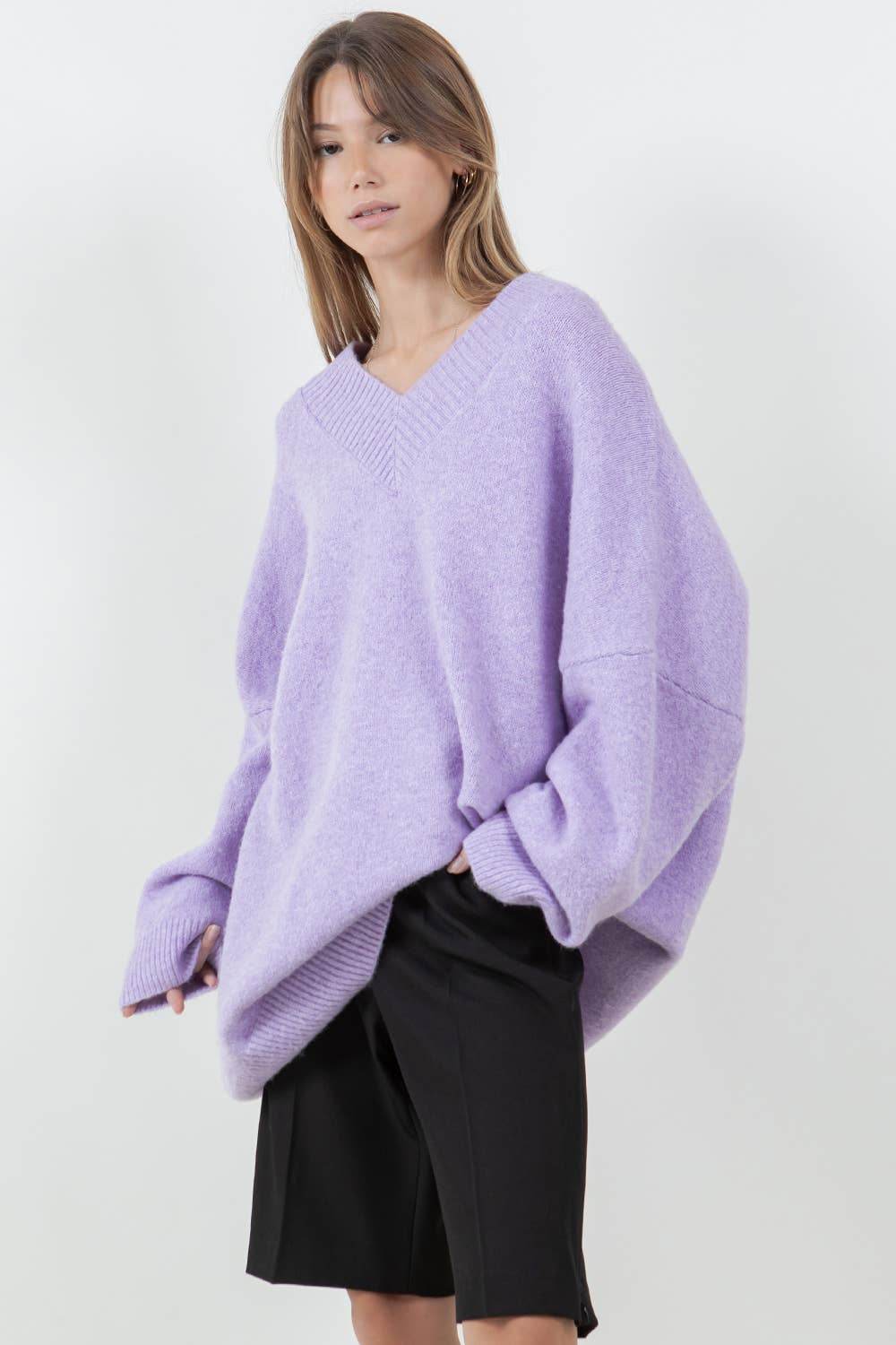 Oversized V-Neck Fuzzy Knitted Sweater - SAUVAGE ZSA™