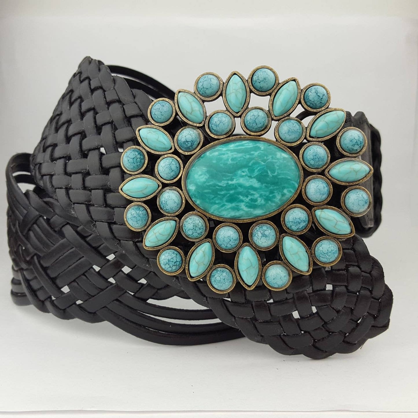 Hand Braided Leather Belt with Turquoise Buckle brass
