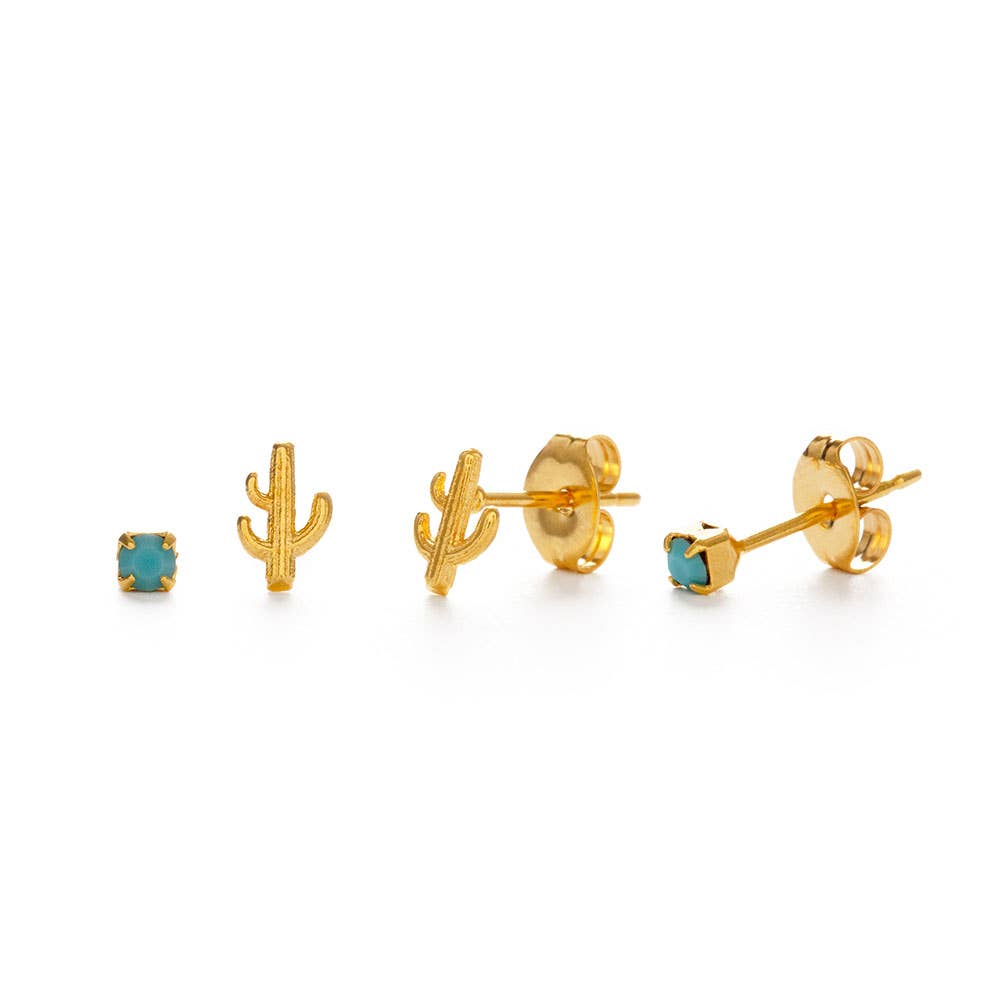 Cactus + Turquoise Stud Earring Set 14K gold plated brass