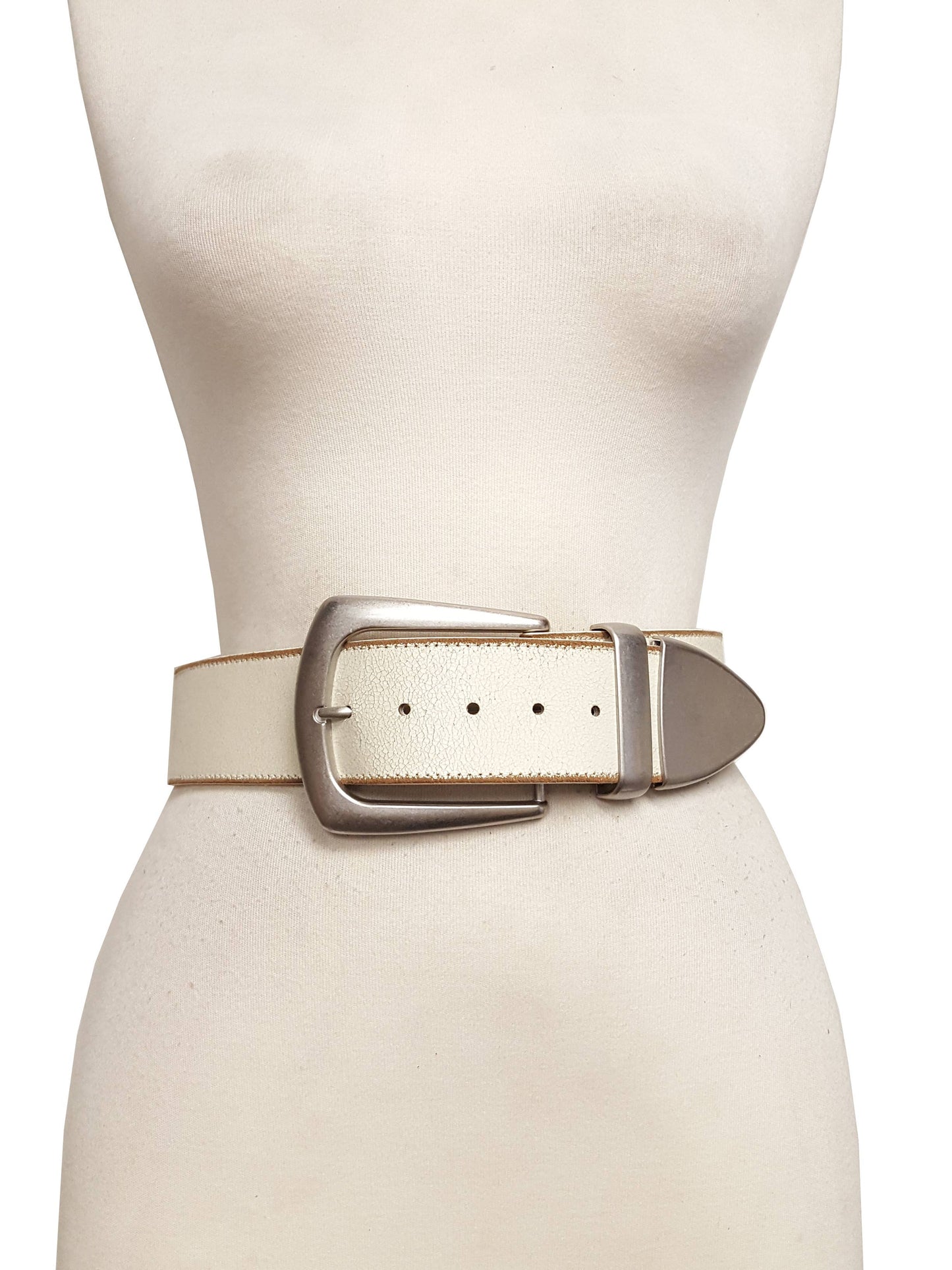 Gold and Silver Wide White Leather Belt with Statement Buckle