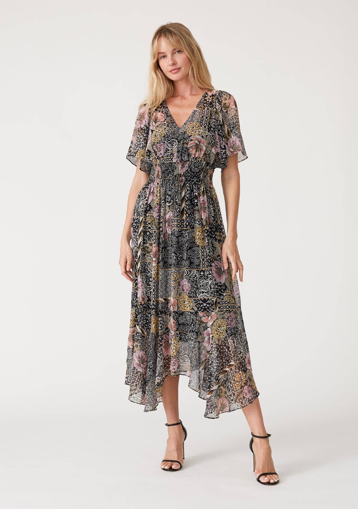 Flowy Asymmetrical V Neck Smocked Maxi Dress